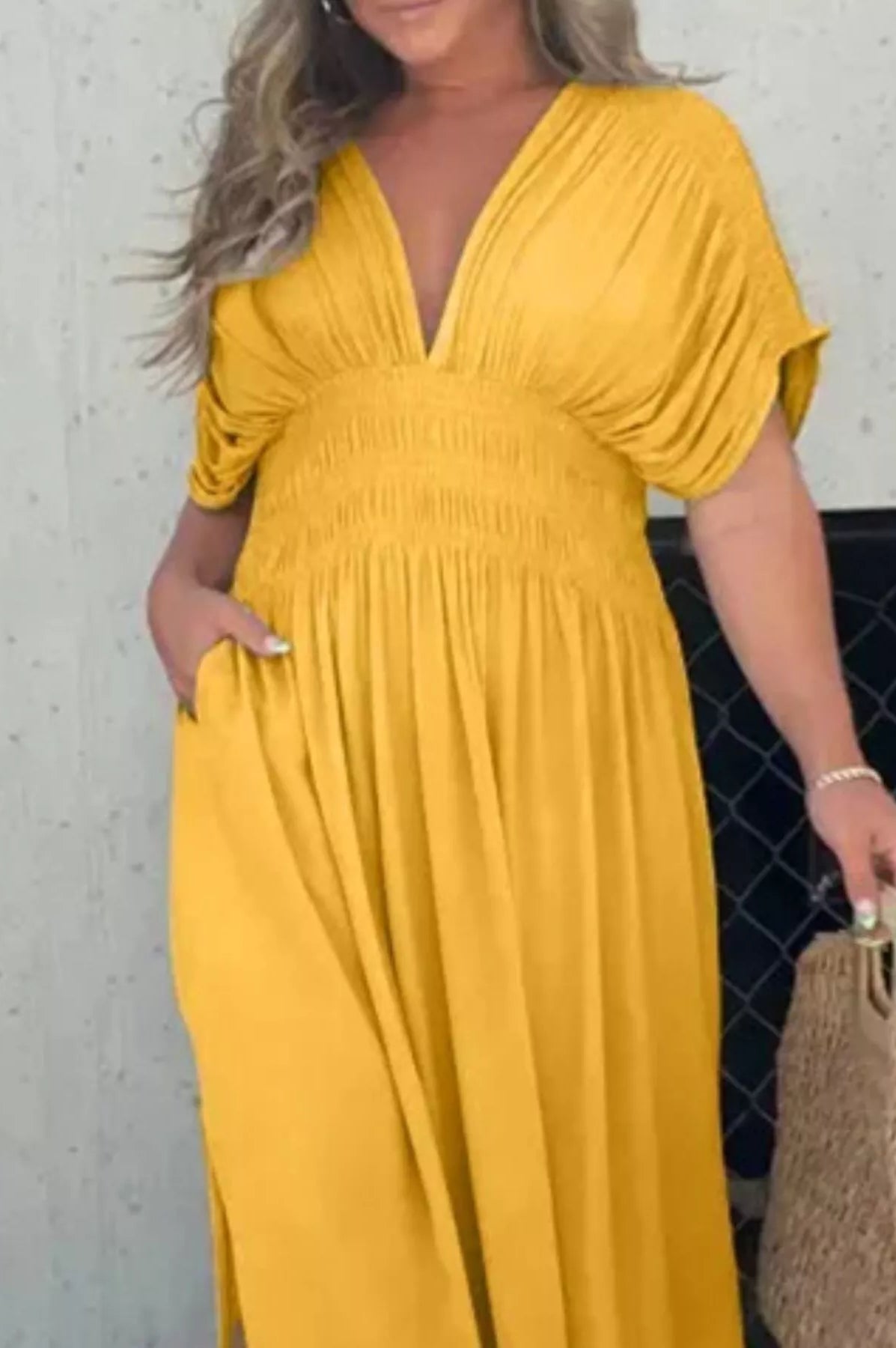 Full Size Slit V-Neck Smocked Waist Maxi Dress Plus Size-Stay Foxy Boutique, Florissant, Missouri