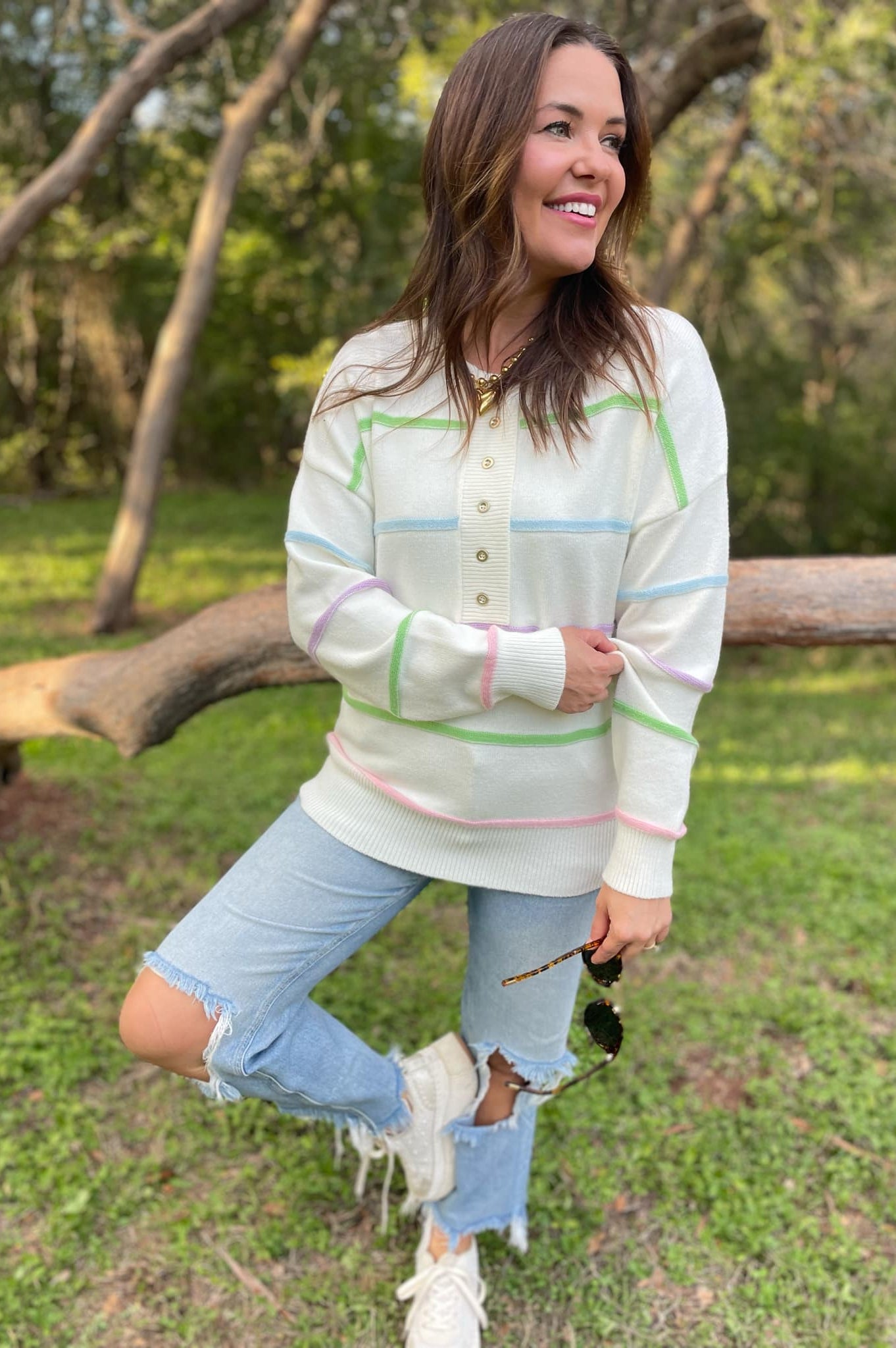 PREORDER: Just Too Good Rainbow Striped Sweater in Two Colors-Womens-Stay Foxy Boutique, Florissant, Missouri