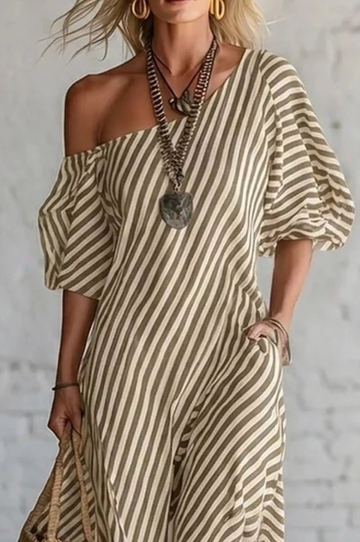 Full Size Striped One-Shoulder Casual Maxi Dress Plus Size-Stay Foxy Boutique, Florissant, Missouri