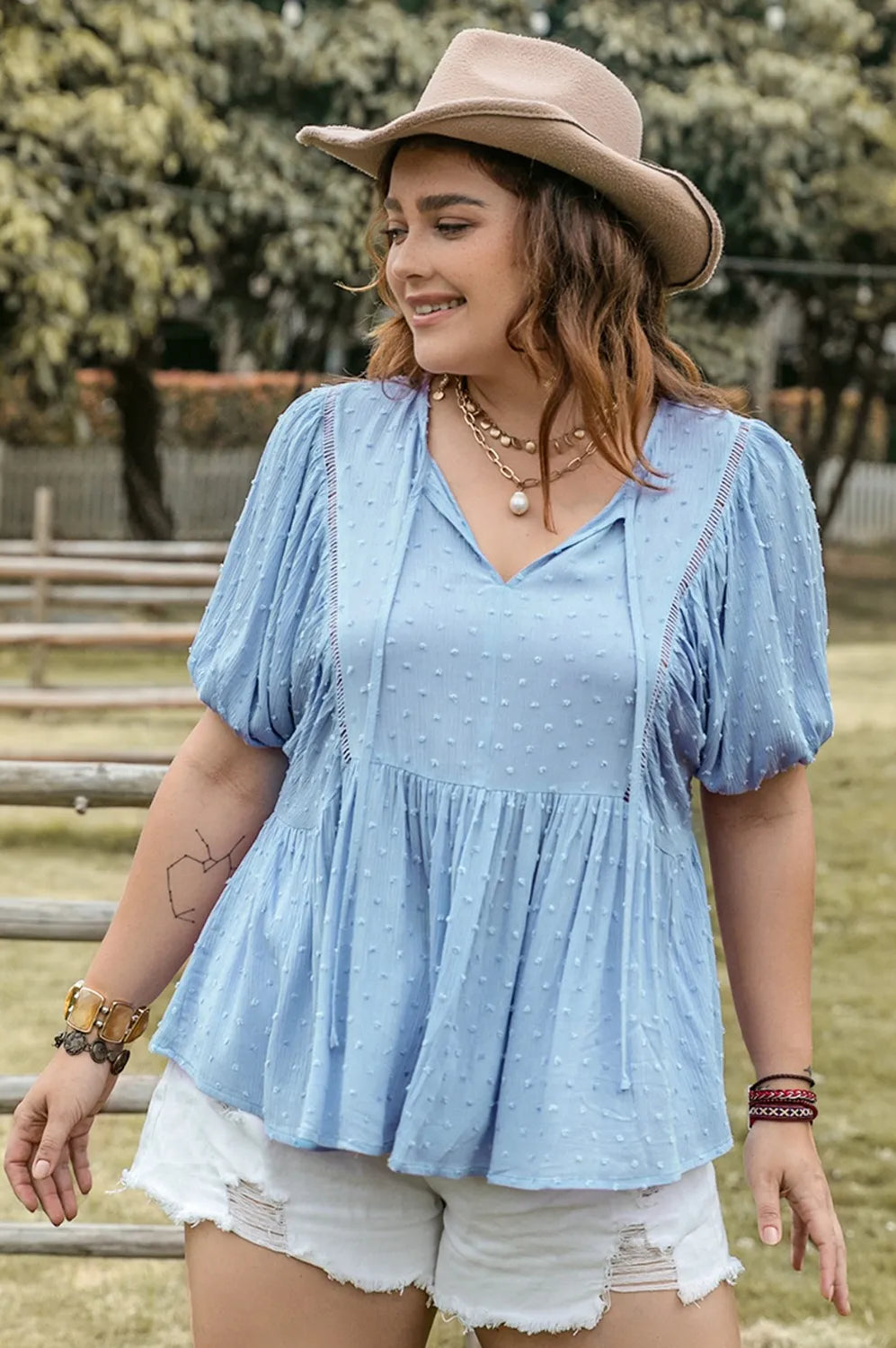 Plus Size Swiss Dot Tie Neck Short Sleeve Blouse-Stay Foxy Boutique, Florissant, Missouri