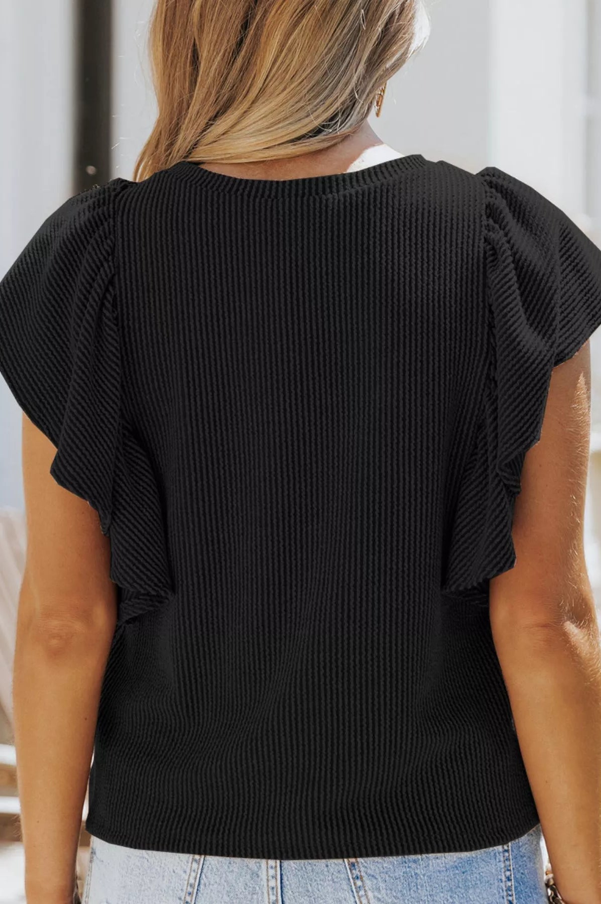 Full Size Ruffled Sleeve Ribbed Knit T-Shirt Plus Size-Stay Foxy Boutique, Florissant, Missouri