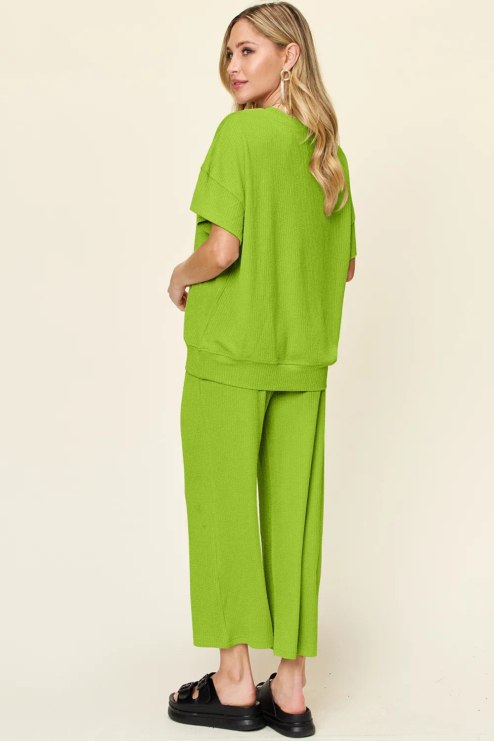 Double Take Full Size Texture Round Neck Short Sleeve T-Shirt and Wide Leg Pants-Stay Foxy Boutique, Florissant, Missouri