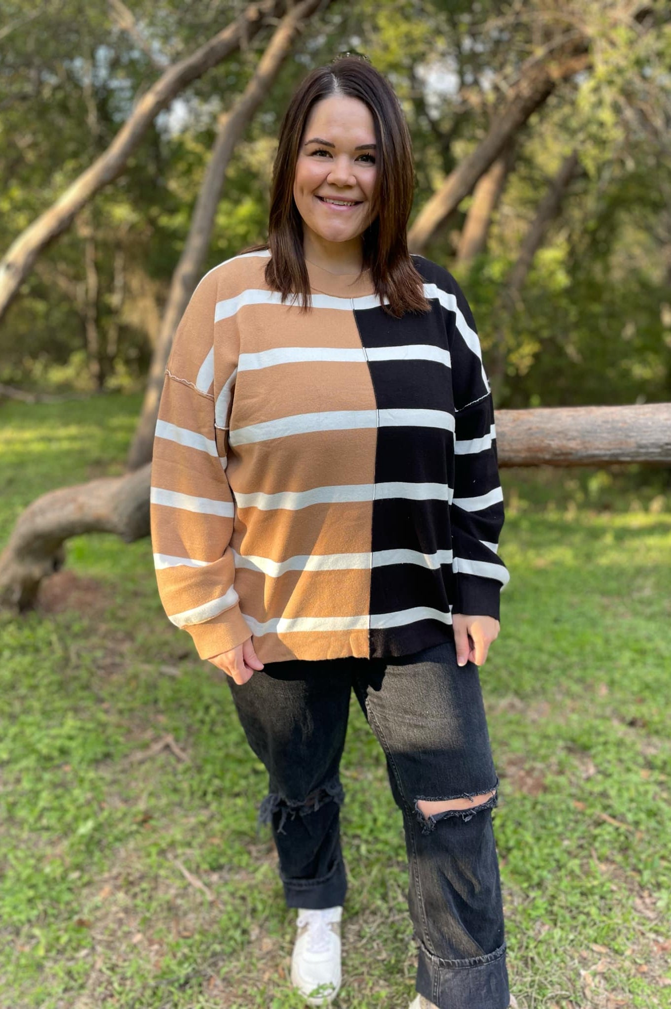 PREORDER: Exceptional Thought Striped Patchwork Sweater in Three Colors-Womens-Stay Foxy Boutique, Florissant, Missouri