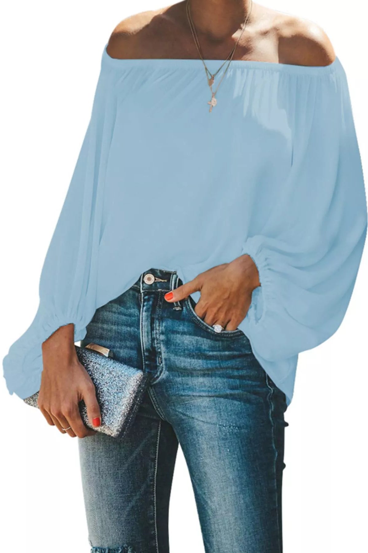 Full Size Off-Shoulder Balloon Sleeve Blouse Plus Size-Stay Foxy Boutique, Florissant, Missouri