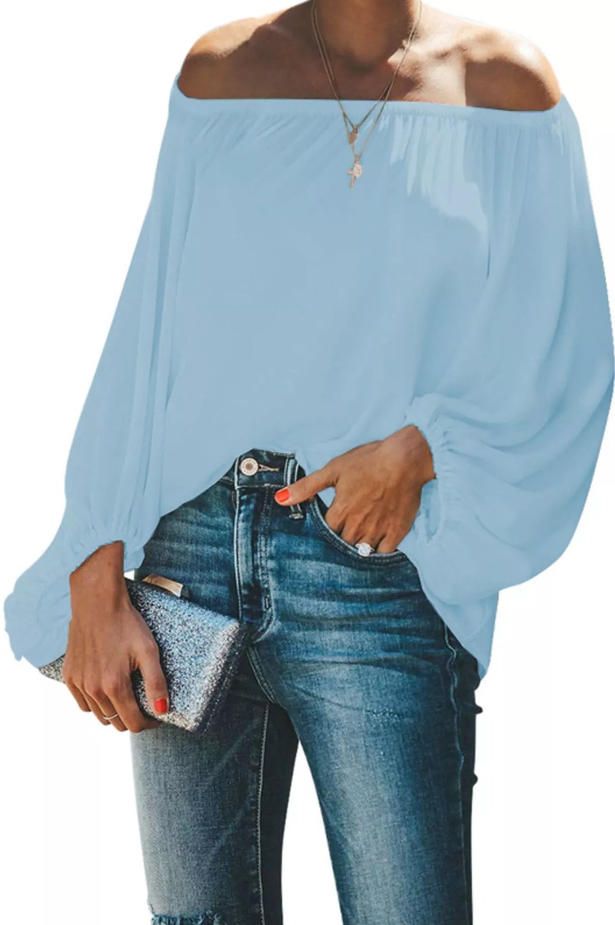 Full Size Off-Shoulder Balloon Sleeve Blouse Plus Size-Stay Foxy Boutique, Florissant, Missouri