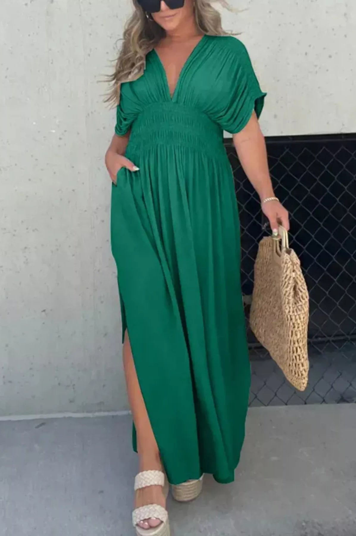 Full Size Slit V-Neck Smocked Waist Maxi Dress Plus Size-Stay Foxy Boutique, Florissant, Missouri