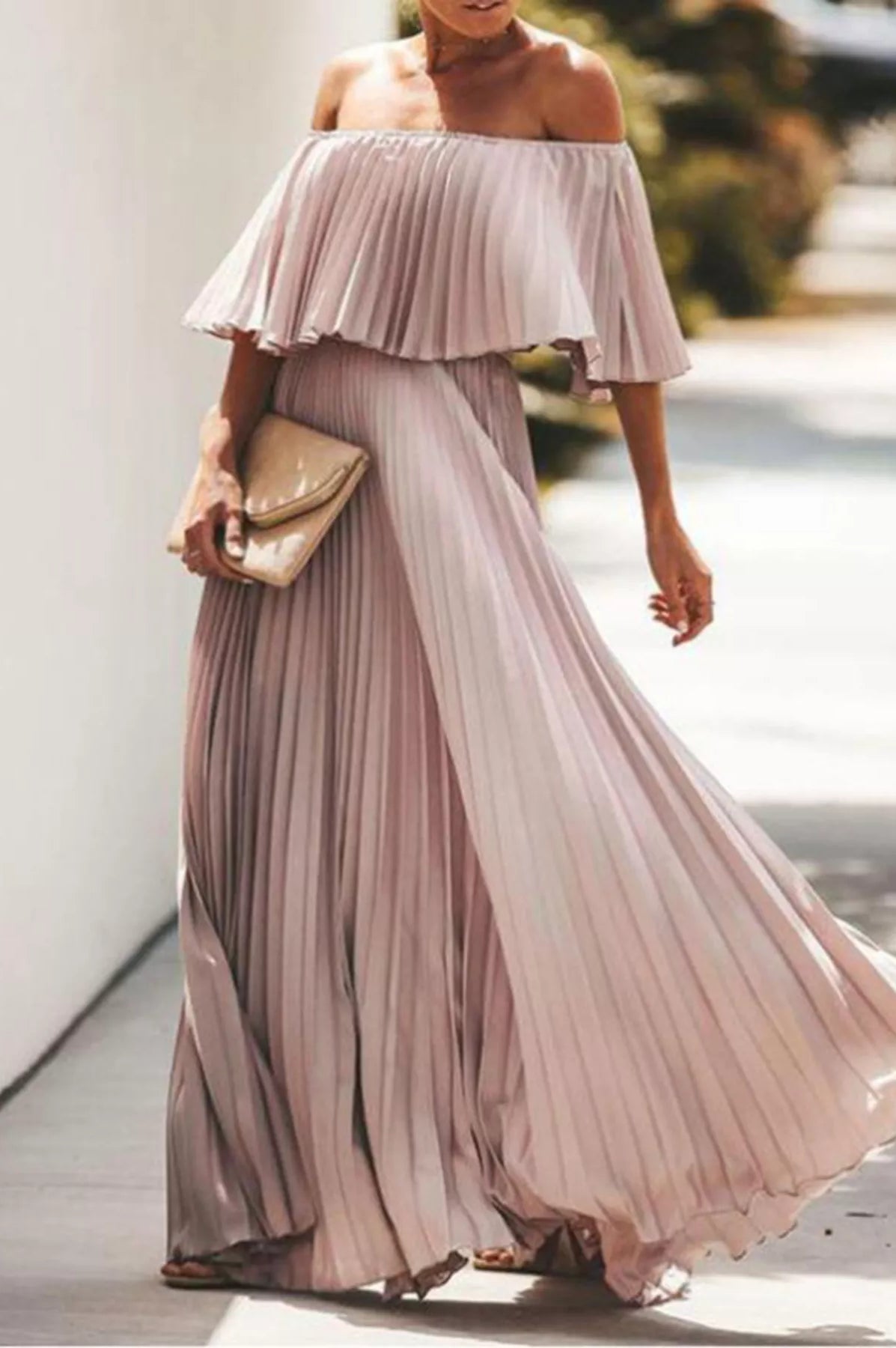 Full Size Off-Shoulder Pleated Maxi Dress Plus Size-Stay Foxy Boutique, Florissant, Missouri