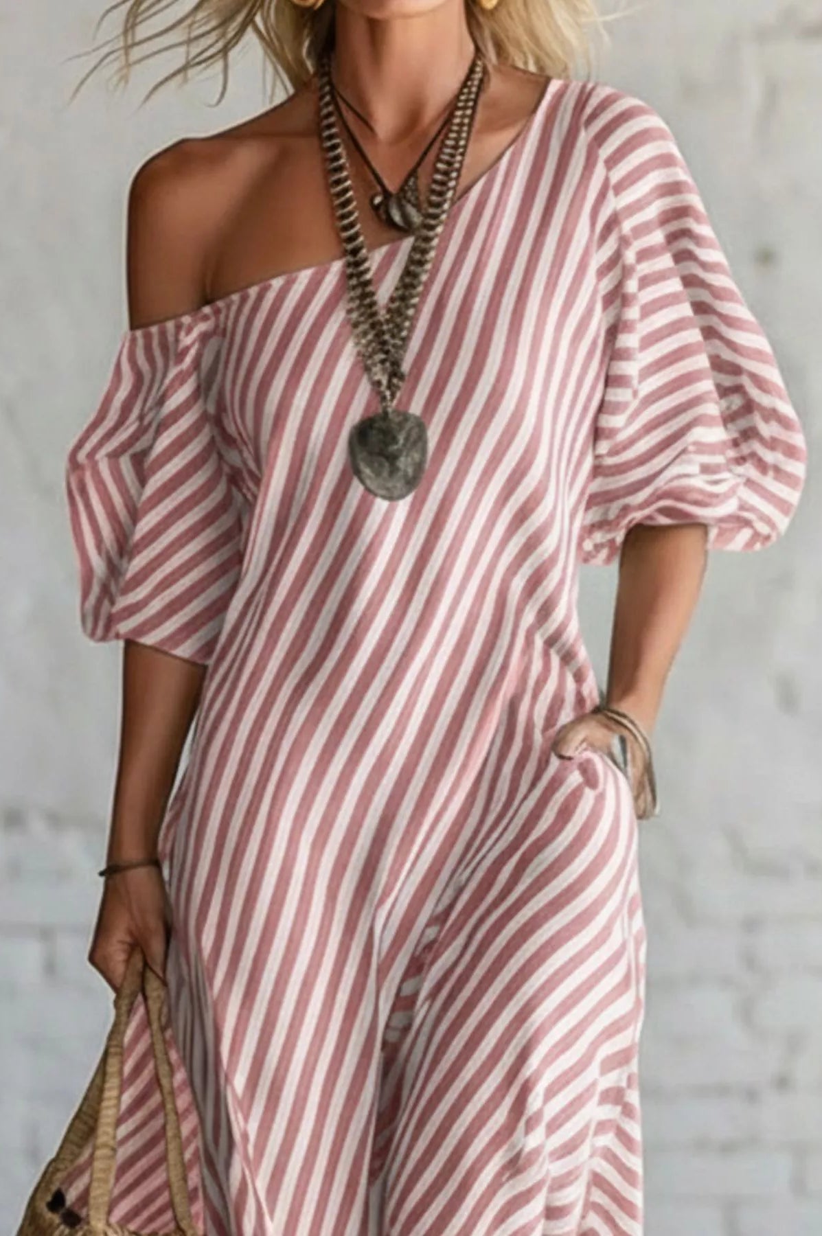 Full Size Striped One-Shoulder Casual Maxi Dress Plus Size-Stay Foxy Boutique, Florissant, Missouri