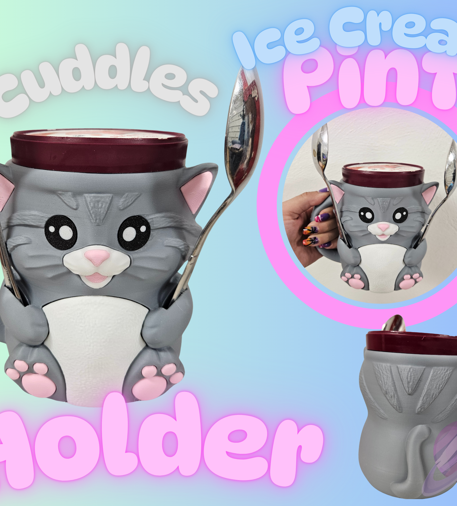 CUDDLES THE CAT- 3D PRINTED ICE CREAM PINT HOLDER-Stay Foxy Boutique, Florissant, Missouri