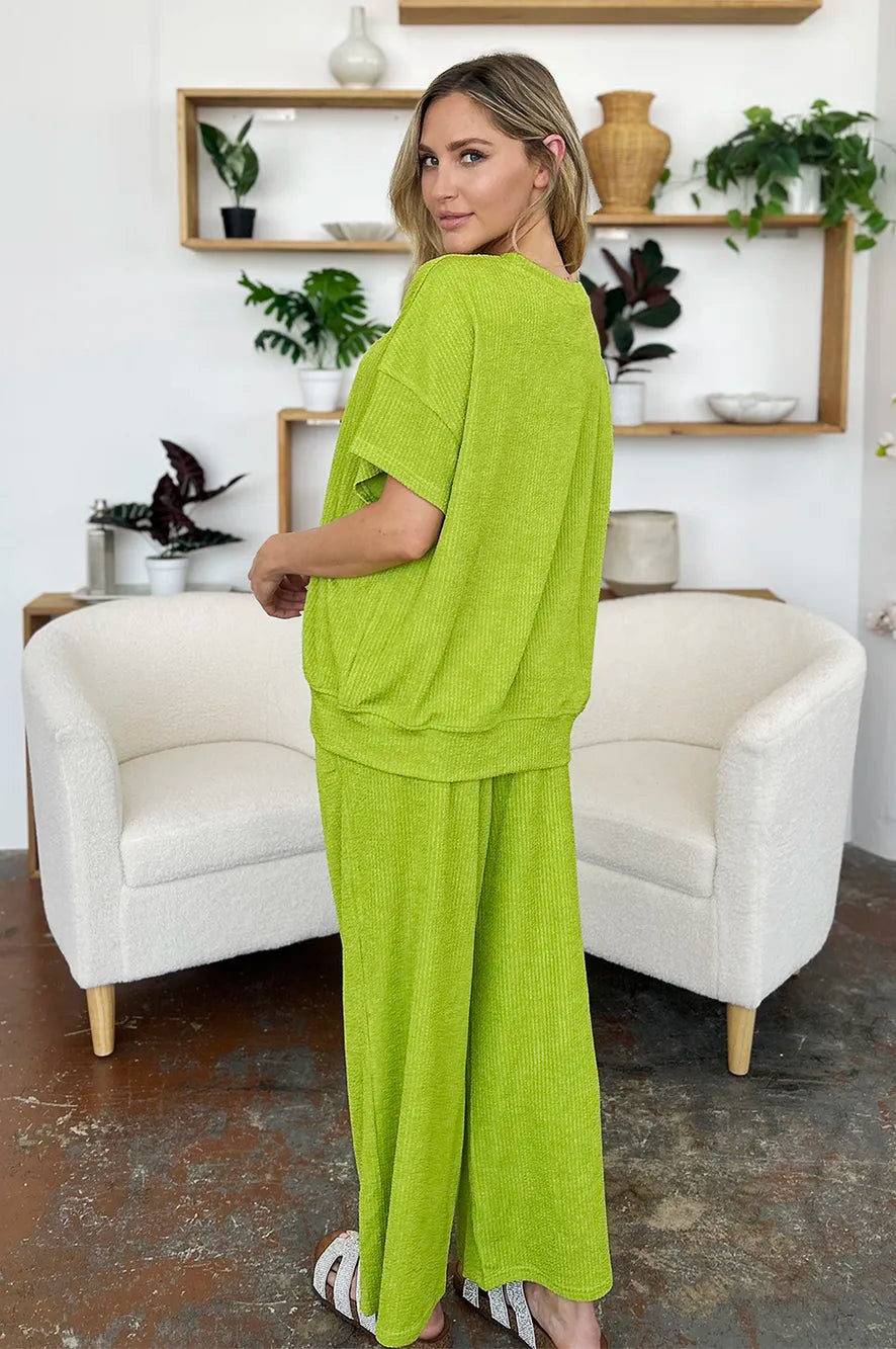 Double Take Full Size Texture Round Neck Short Sleeve T-Shirt and Wide Leg Pants-Stay Foxy Boutique, Florissant, Missouri