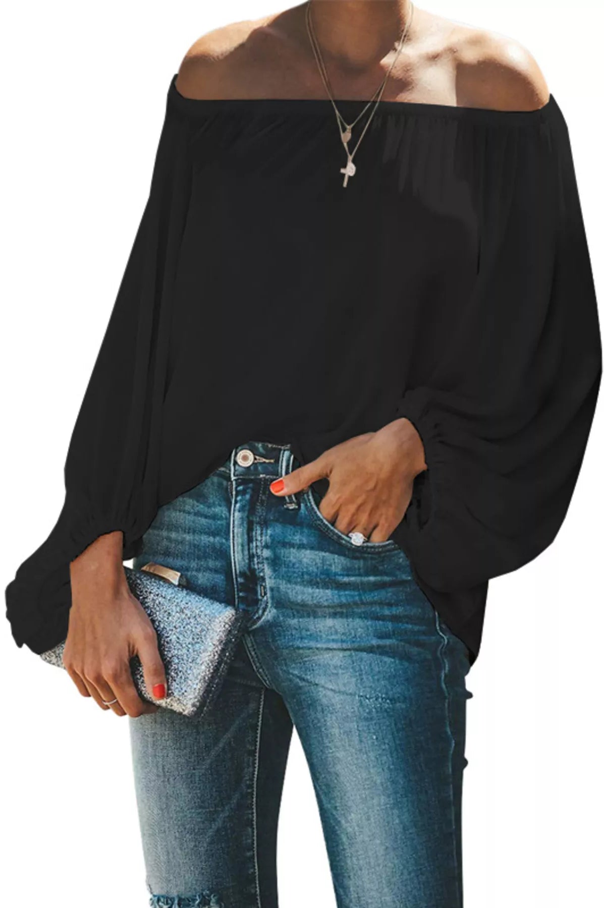 Full Size Off-Shoulder Balloon Sleeve Blouse Plus Size-Stay Foxy Boutique, Florissant, Missouri