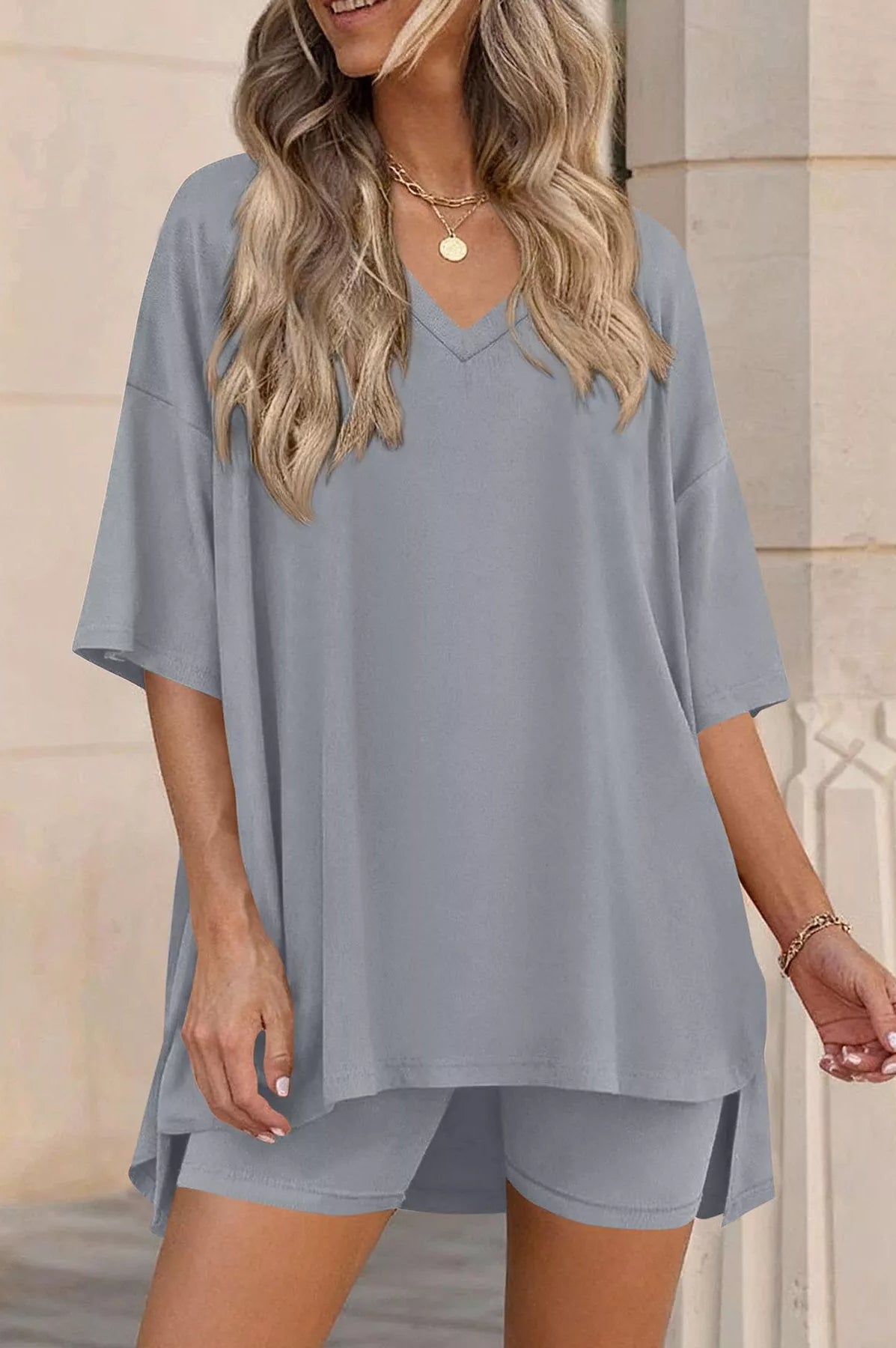 Full Size Casual Loose V-Neck T-Shirt & Shorts Set Plus Size-Stay Foxy Boutique, Florissant, Missouri