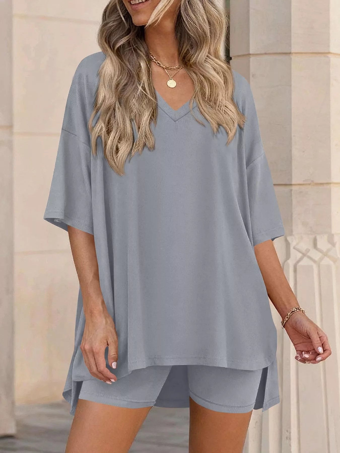 Full Size Casual Loose V-Neck T-Shirt & Shorts Set Plus Size-Stay Foxy Boutique, Florissant, Missouri