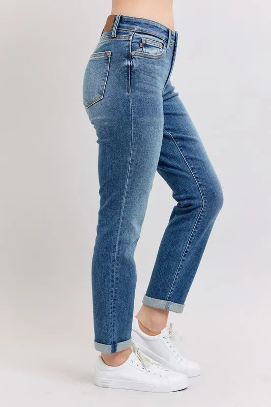 Judy Blue Full Size Mid Rise Skinny Cuff Jeans with Pockets Plus Size-Stay Foxy Boutique, Florissant, Missouri