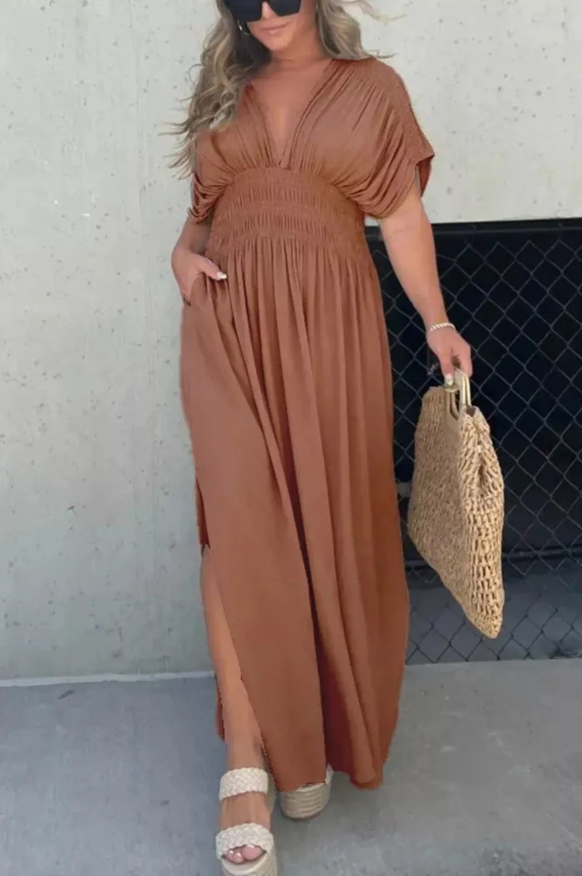 Full Size Slit V-Neck Smocked Waist Maxi Dress Plus Size-Stay Foxy Boutique, Florissant, Missouri