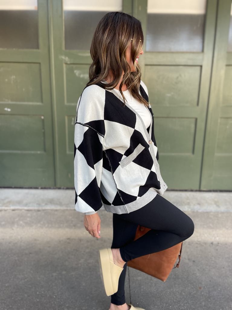 Contrast Trim Cardigan in Black Checkers-Womens-Stay Foxy Boutique, Florissant, Missouri