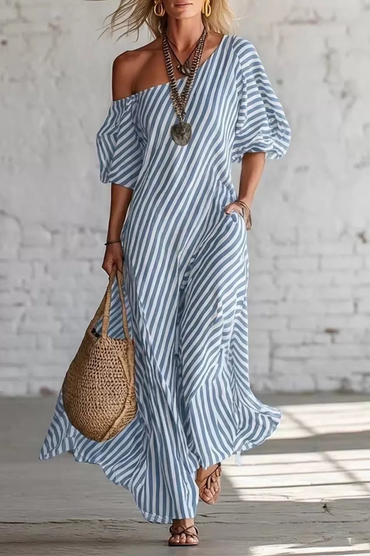 Full Size Striped One-Shoulder Casual Maxi Dress Plus Size-Stay Foxy Boutique, Florissant, Missouri
