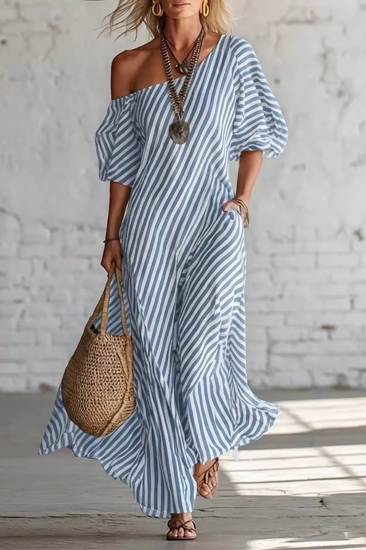 Full Size Striped One-Shoulder Casual Maxi Dress Plus Size-Stay Foxy Boutique, Florissant, Missouri