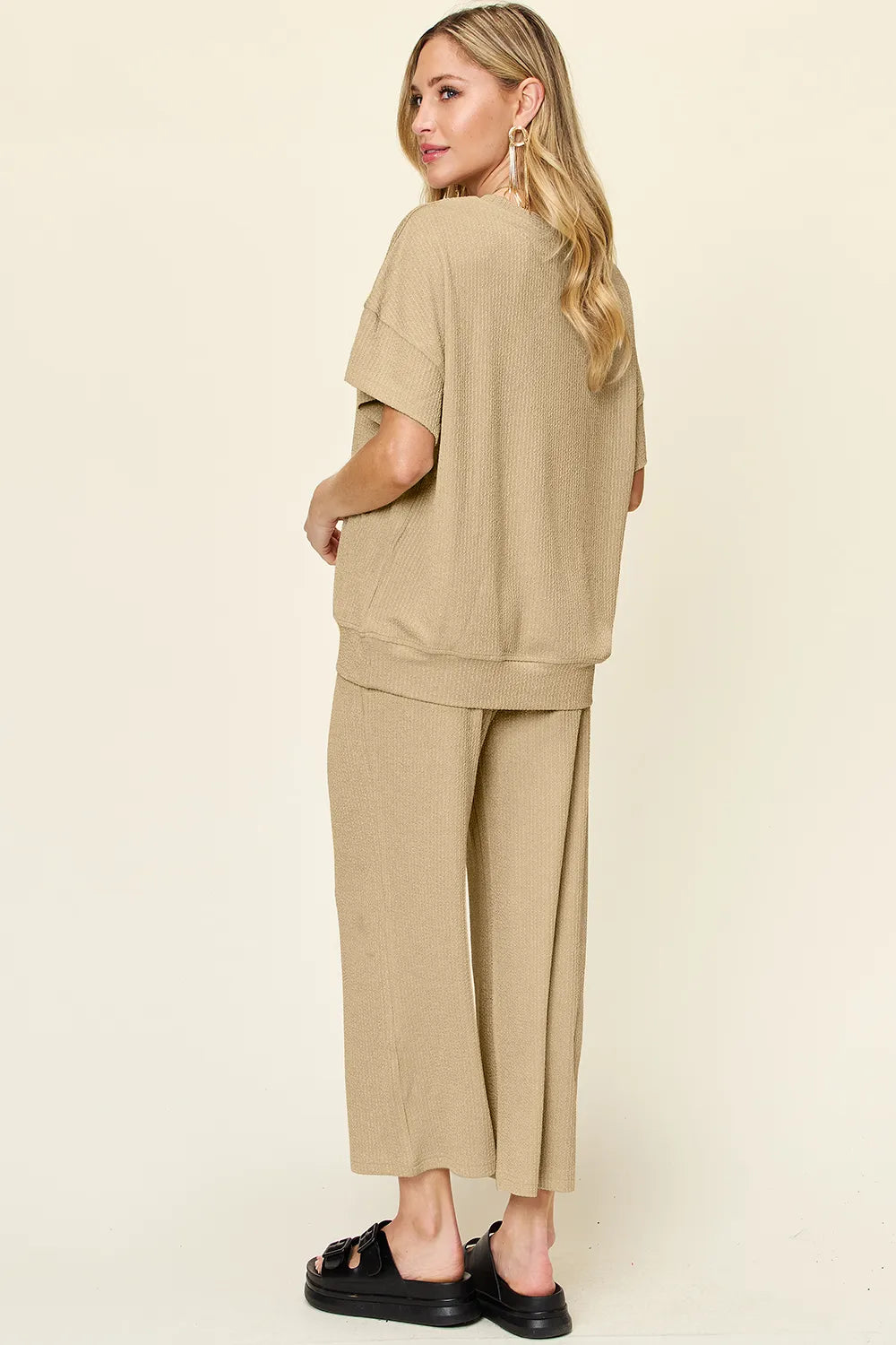 Double Take Full Size Texture Round Neck Short Sleeve T-Shirt and Wide Leg Pants-Stay Foxy Boutique, Florissant, Missouri