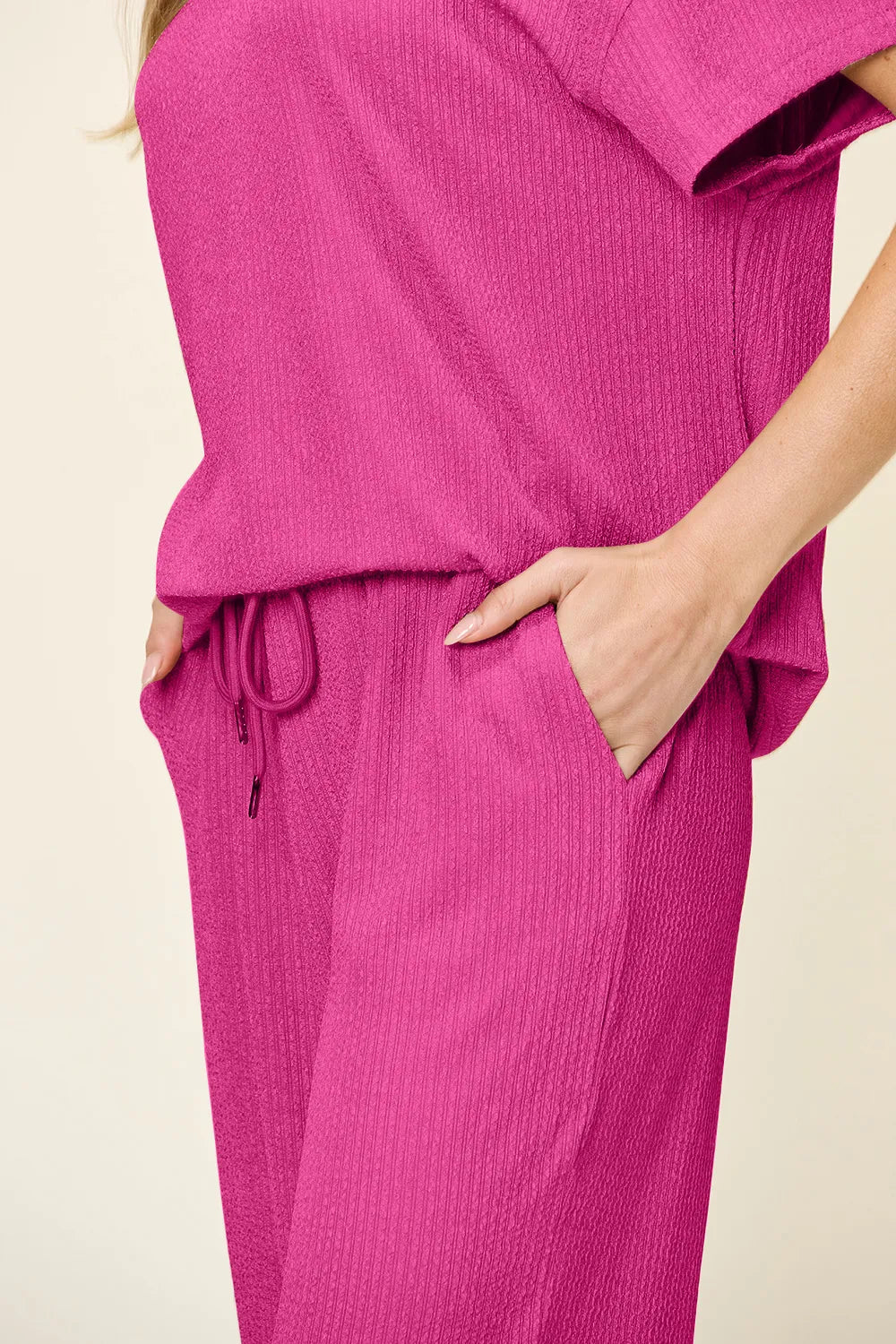 Double Take Full Size Texture Round Neck Short Sleeve T-Shirt and Wide Leg Pants-Stay Foxy Boutique, Florissant, Missouri