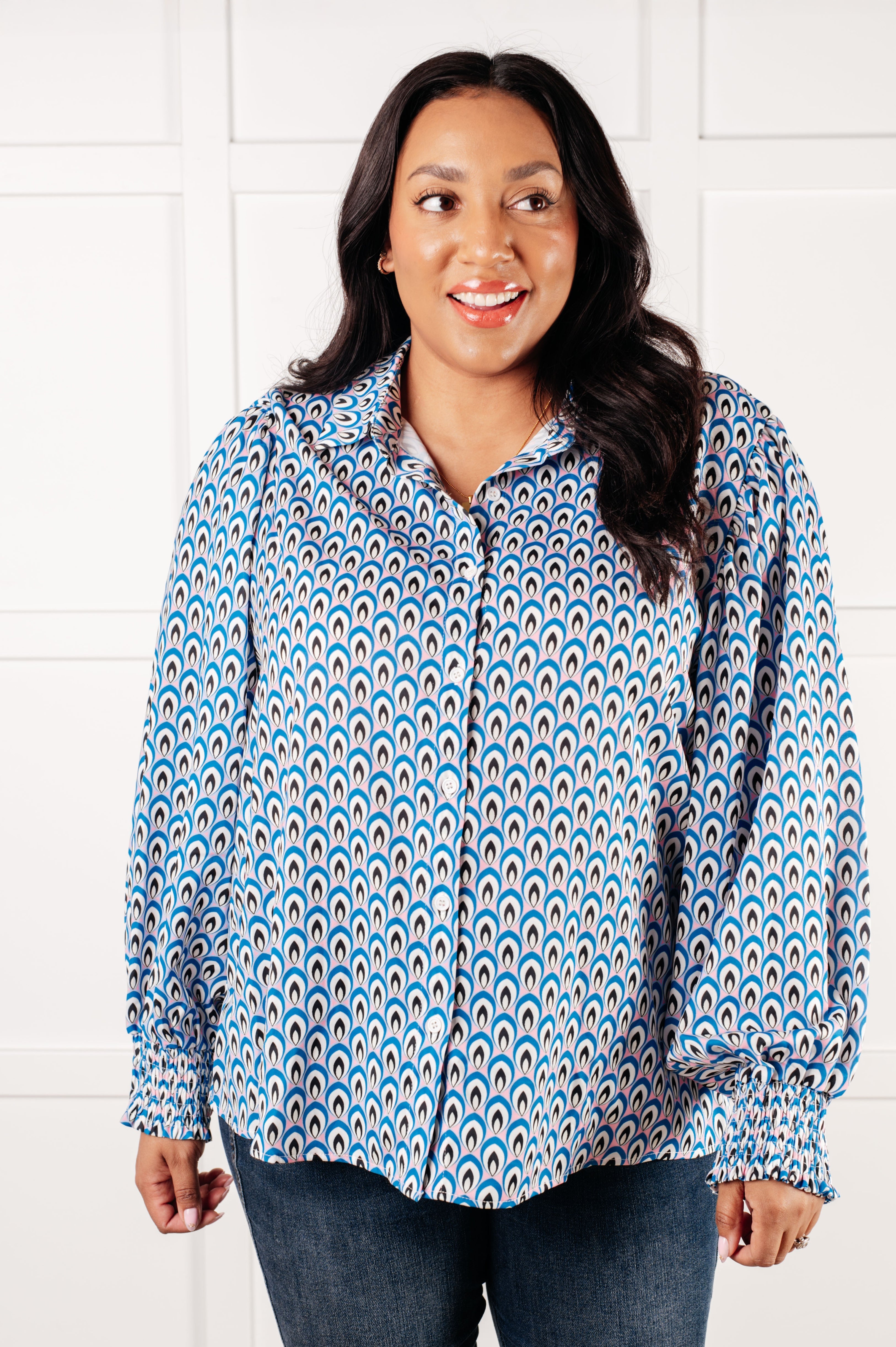 Skies Above Patterned Button Up Shirt-Tops-Stay Foxy Boutique, Florissant, Missouri