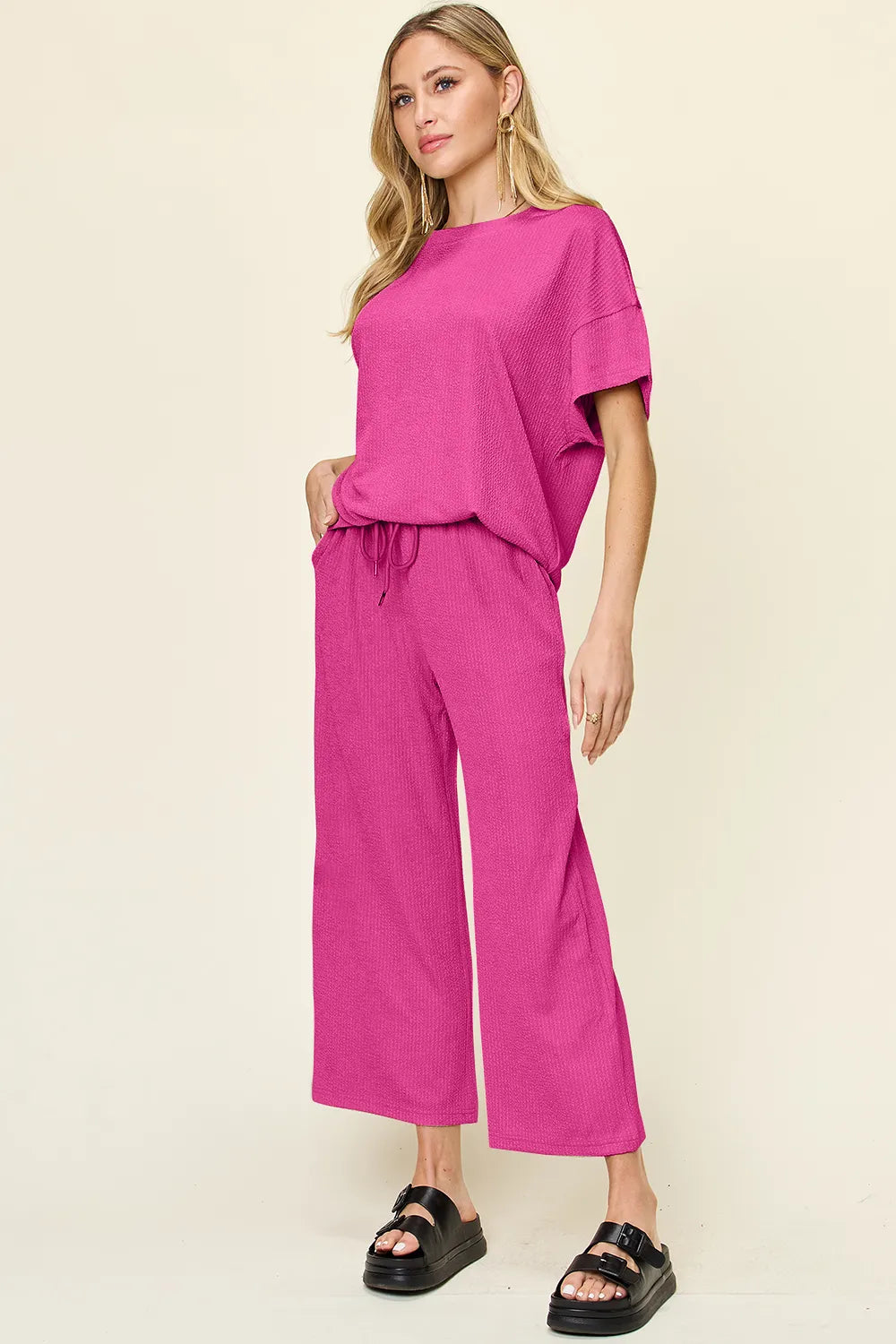 Double Take Full Size Texture Round Neck Short Sleeve T-Shirt and Wide Leg Pants-Stay Foxy Boutique, Florissant, Missouri