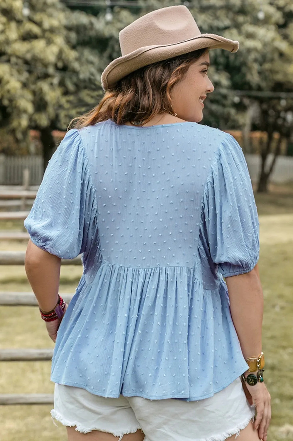 Plus Size Swiss Dot Tie Neck Short Sleeve Blouse-Stay Foxy Boutique, Florissant, Missouri