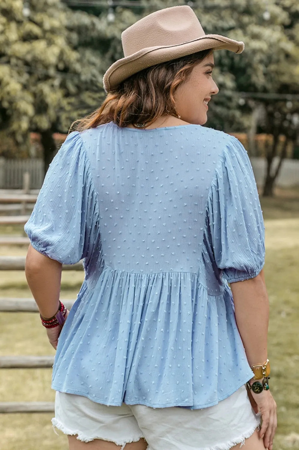 Plus Size Swiss Dot Tie Neck Short Sleeve Blouse-Stay Foxy Boutique, Florissant, Missouri