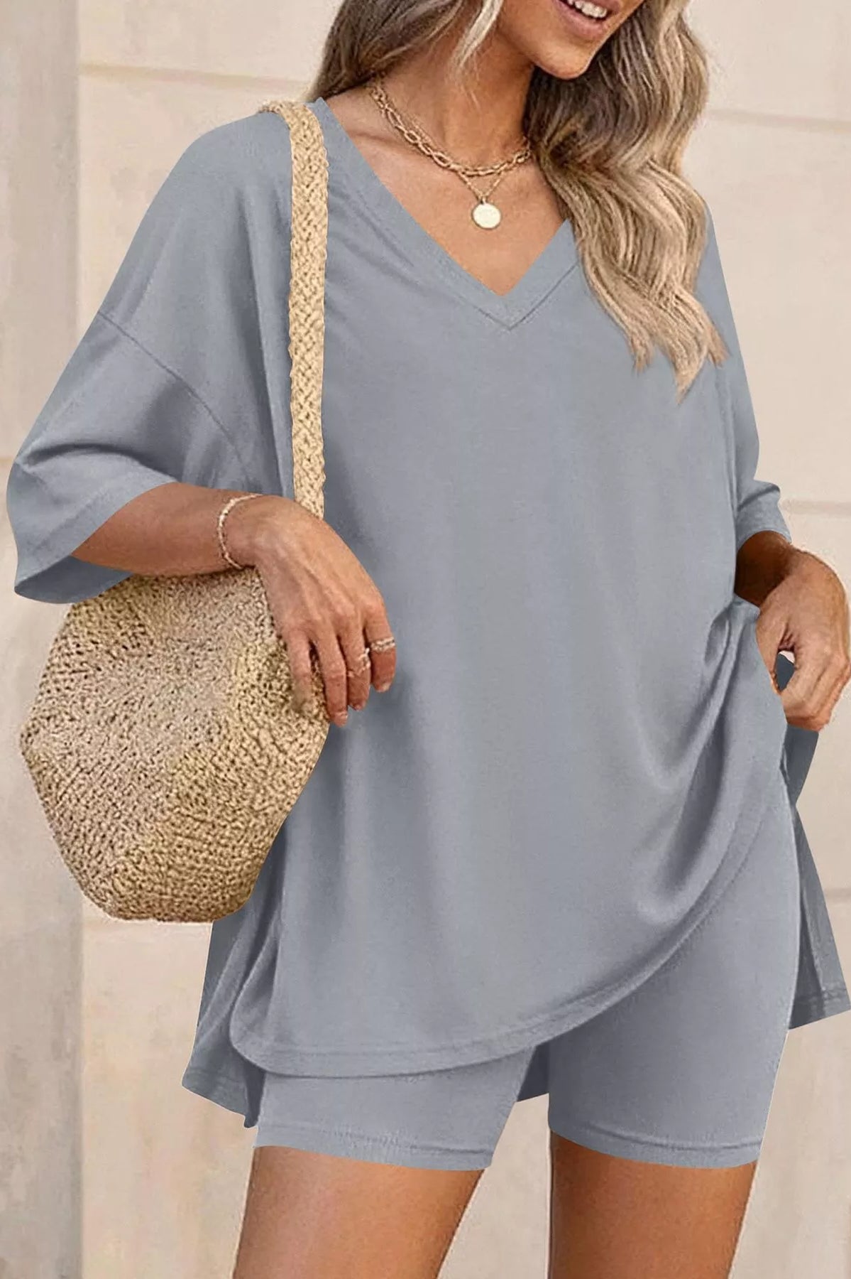 Full Size Casual Loose V-Neck T-Shirt & Shorts Set Plus Size-Stay Foxy Boutique, Florissant, Missouri