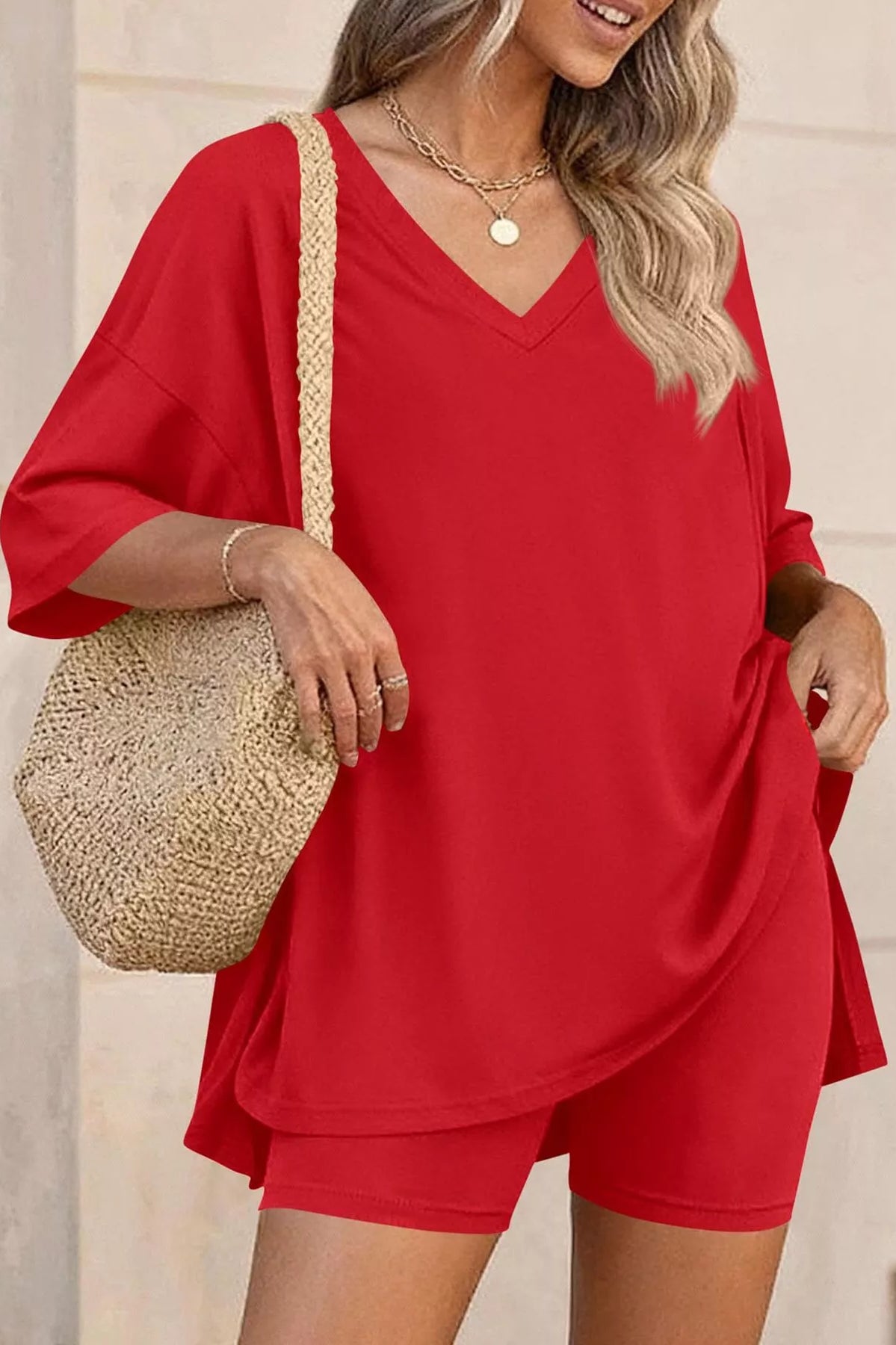 Full Size Casual Loose V-Neck T-Shirt & Shorts Set Plus Size-Stay Foxy Boutique, Florissant, Missouri