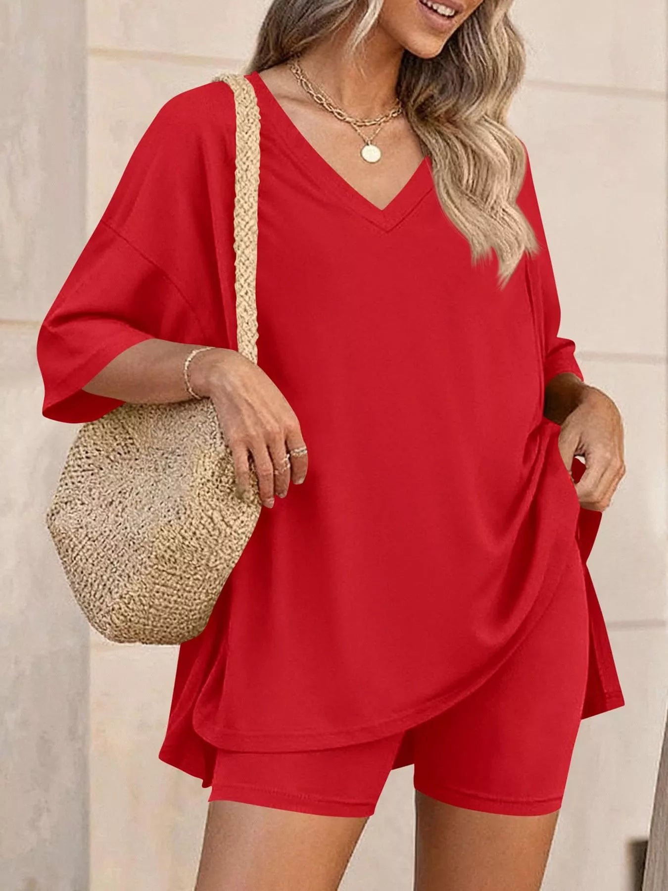 Full Size Casual Loose V-Neck T-Shirt & Shorts Set Plus Size-Stay Foxy Boutique, Florissant, Missouri