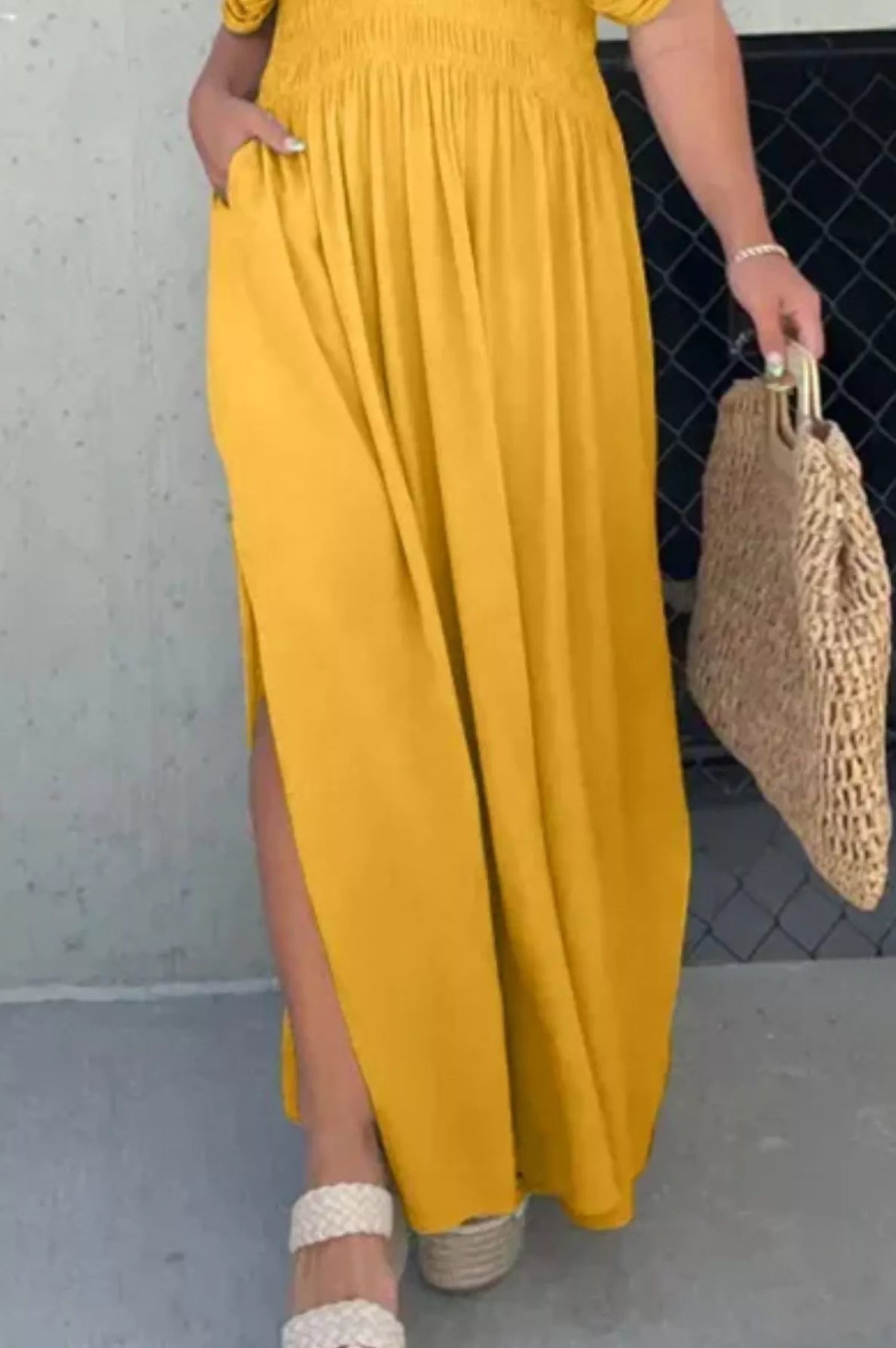 Full Size Slit V-Neck Smocked Waist Maxi Dress Plus Size-Stay Foxy Boutique, Florissant, Missouri