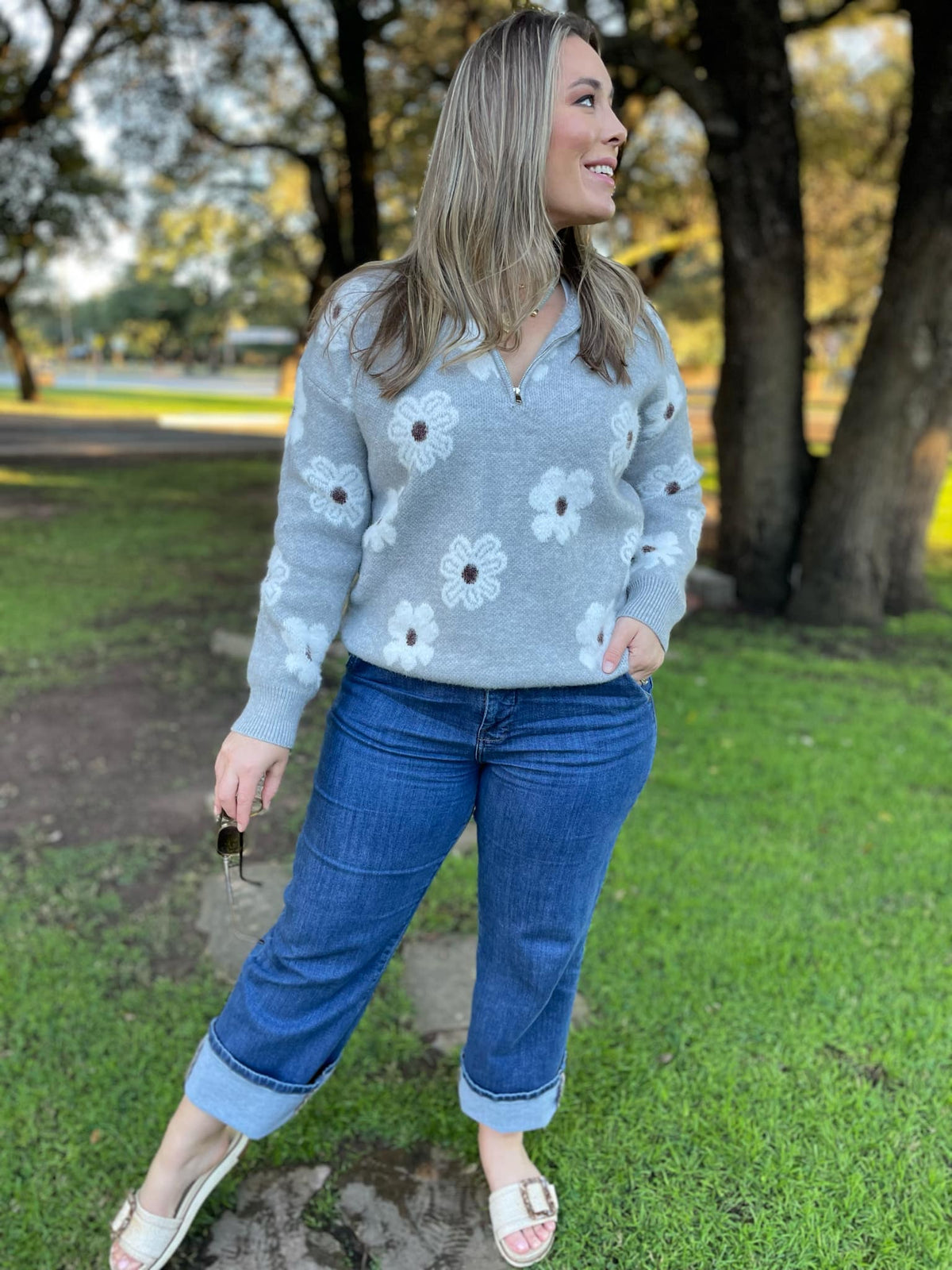 Flower Powered Half Zip Sweater in Four Colors-Womens-Stay Foxy Boutique, Florissant, Missouri