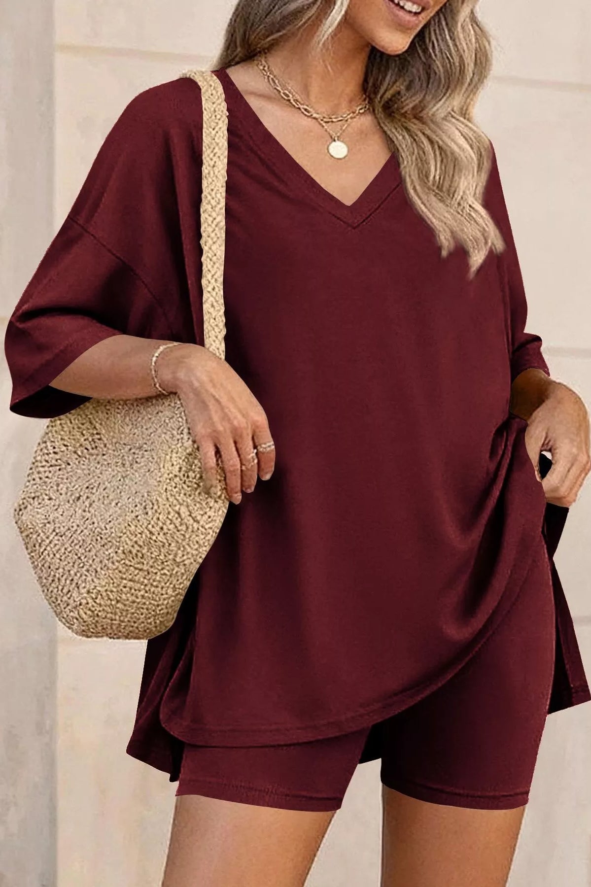 Full Size Casual Loose V-Neck T-Shirt & Shorts Set Plus Size-Stay Foxy Boutique, Florissant, Missouri