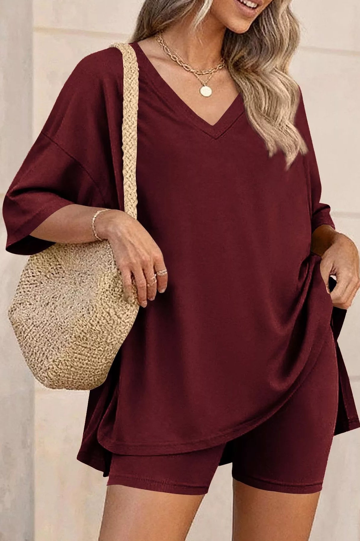 Full Size Casual Loose V-Neck T-Shirt & Shorts Set Plus Size-Stay Foxy Boutique, Florissant, Missouri