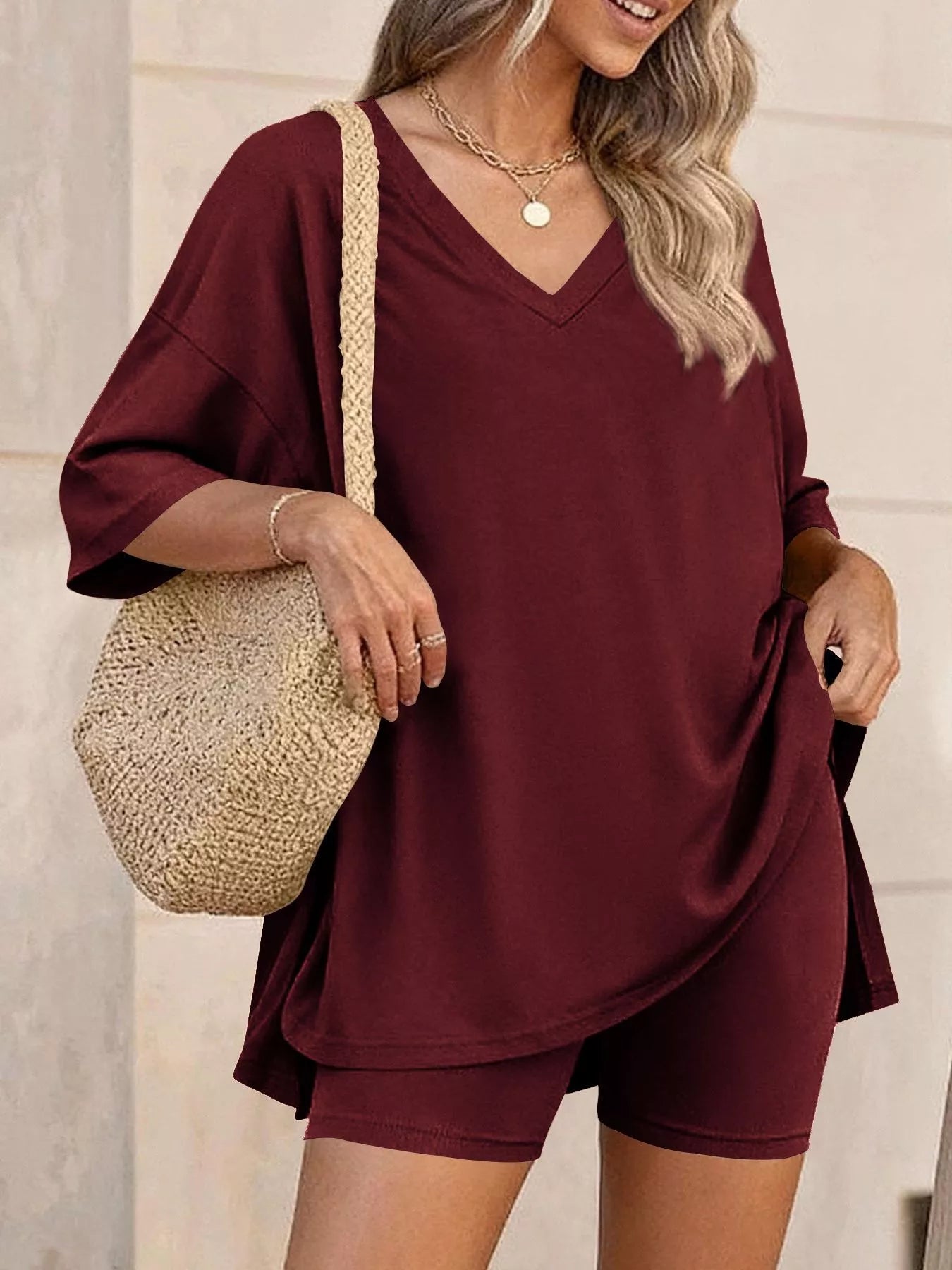 Full Size Casual Loose V-Neck T-Shirt & Shorts Set Plus Size-Stay Foxy Boutique, Florissant, Missouri