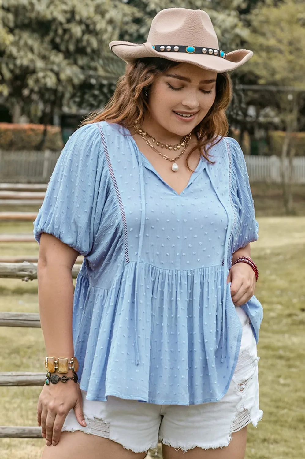 Plus Size Swiss Dot Tie Neck Short Sleeve Blouse-Stay Foxy Boutique, Florissant, Missouri
