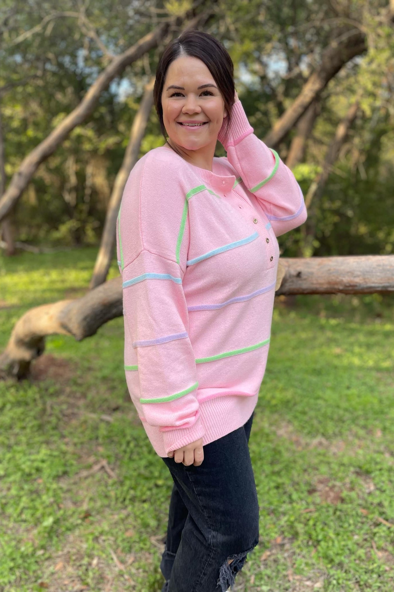 PREORDER: Just Too Good Rainbow Striped Sweater in Two Colors-Womens-Stay Foxy Boutique, Florissant, Missouri