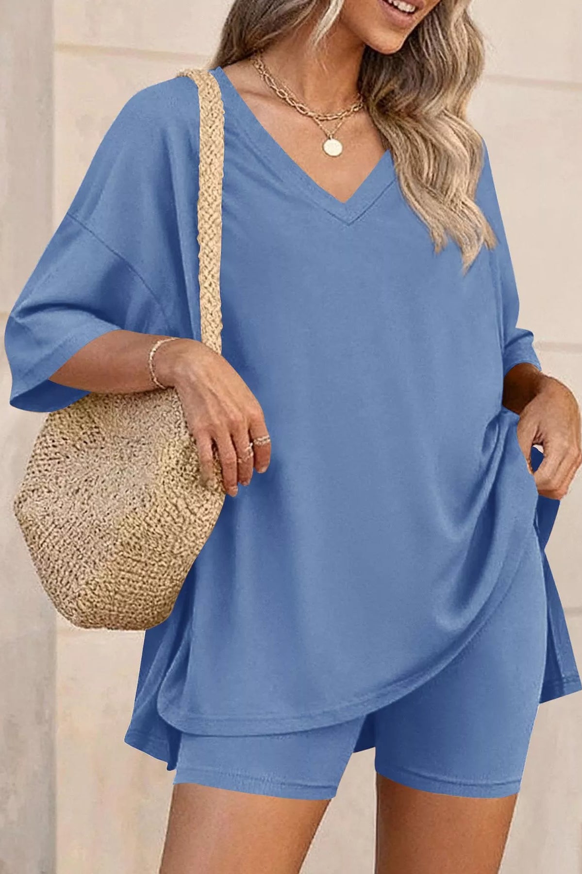 Full Size Casual Loose V-Neck T-Shirt & Shorts Set Plus Size-Stay Foxy Boutique, Florissant, Missouri