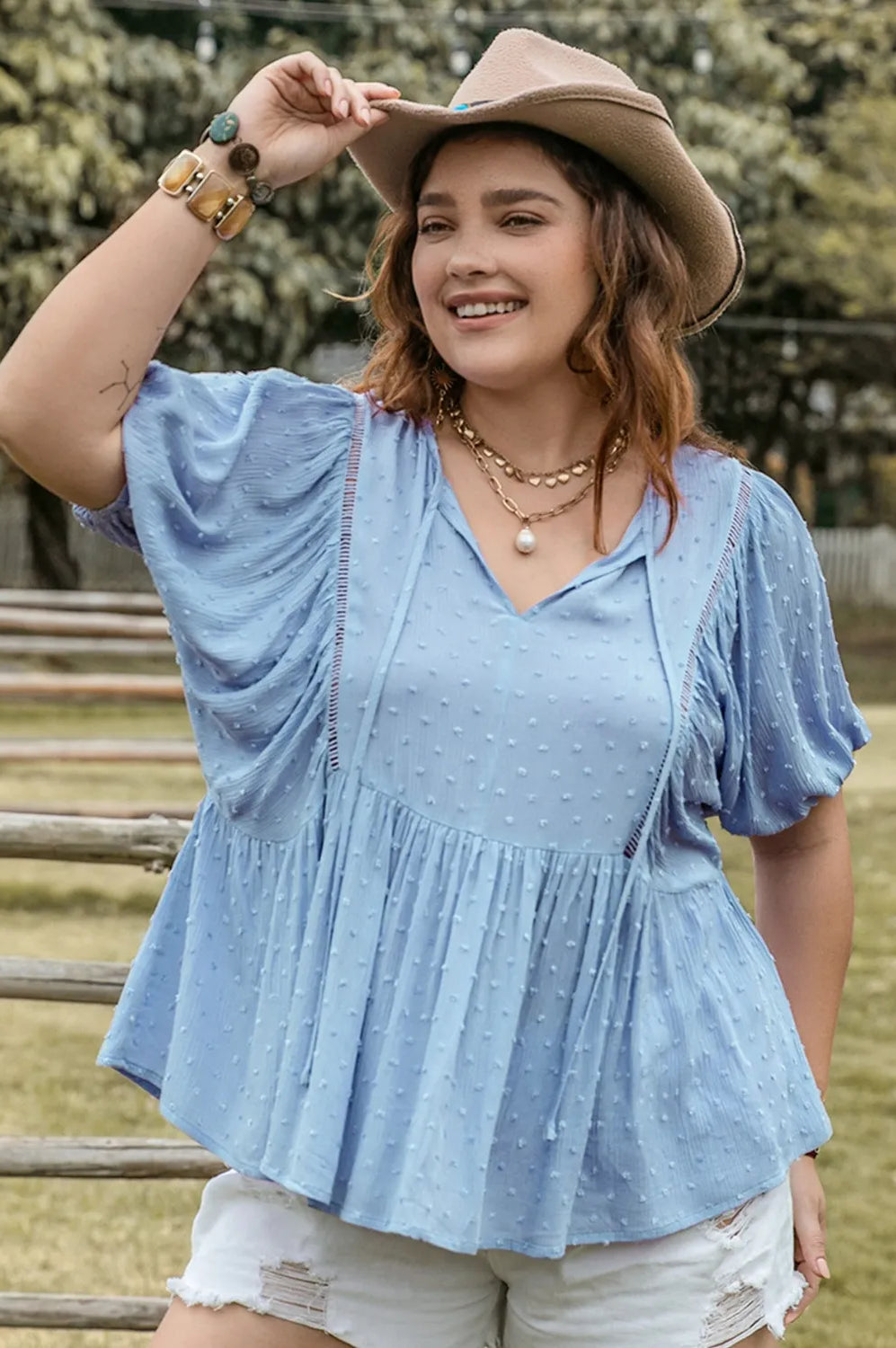 Plus Size Swiss Dot Tie Neck Short Sleeve Blouse-Stay Foxy Boutique, Florissant, Missouri