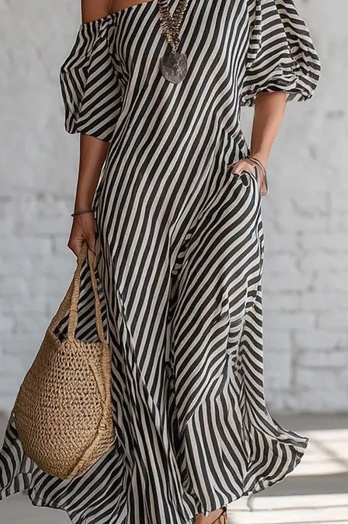 Full Size Striped One-Shoulder Casual Maxi Dress Plus Size-Stay Foxy Boutique, Florissant, Missouri