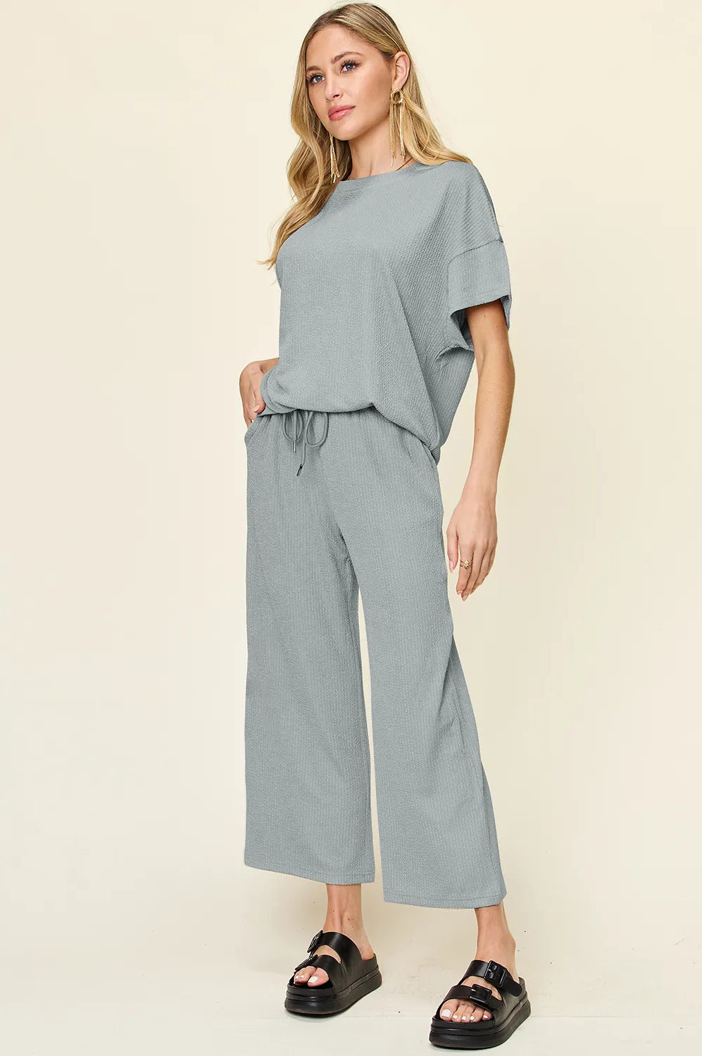 Double Take Full Size Texture Round Neck Short Sleeve T-Shirt and Wide Leg Pants-Stay Foxy Boutique, Florissant, Missouri