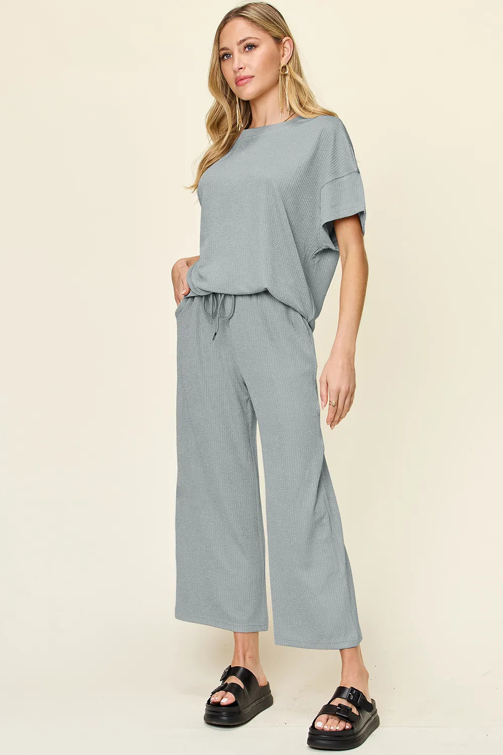 Double Take Full Size Texture Round Neck Short Sleeve T-Shirt and Wide Leg Pants-Stay Foxy Boutique, Florissant, Missouri