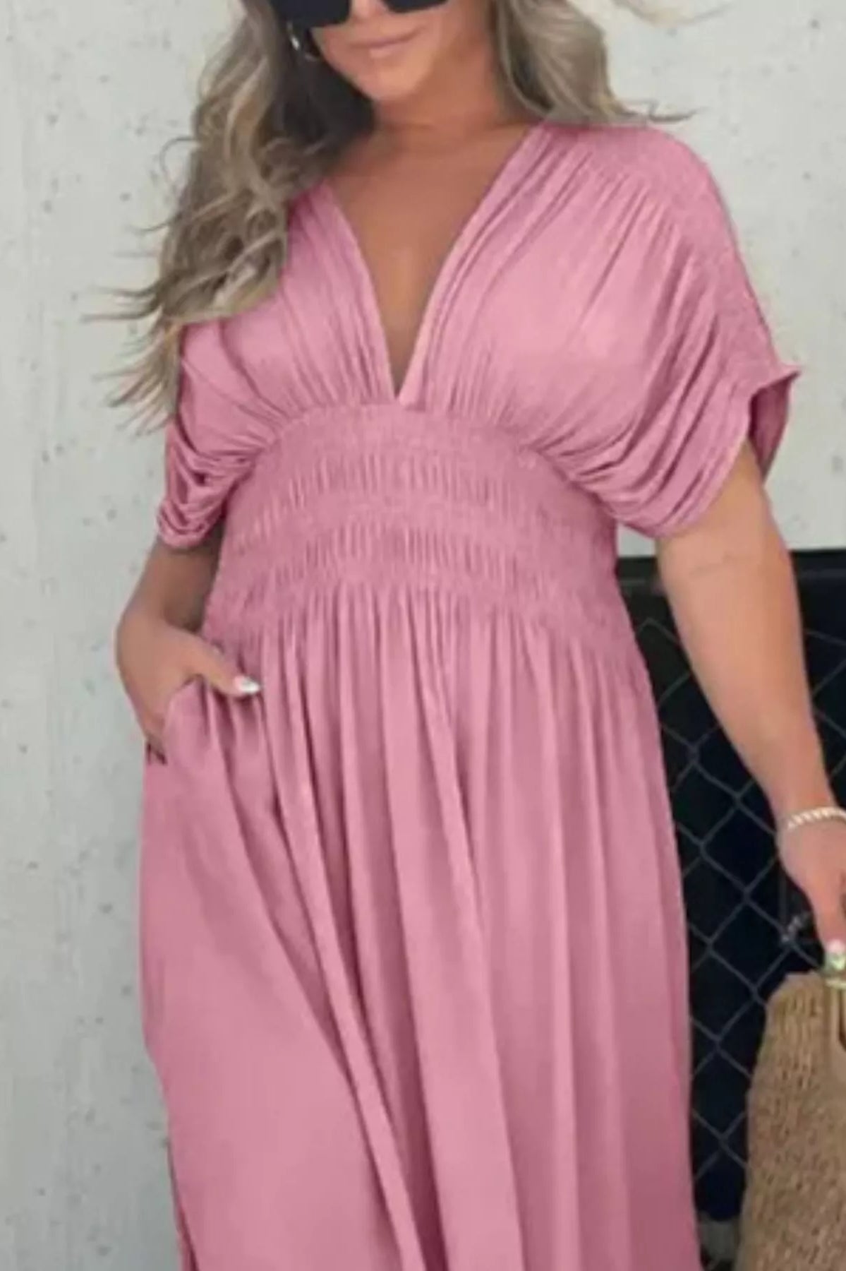Full Size Slit V-Neck Smocked Waist Maxi Dress Plus Size-Stay Foxy Boutique, Florissant, Missouri