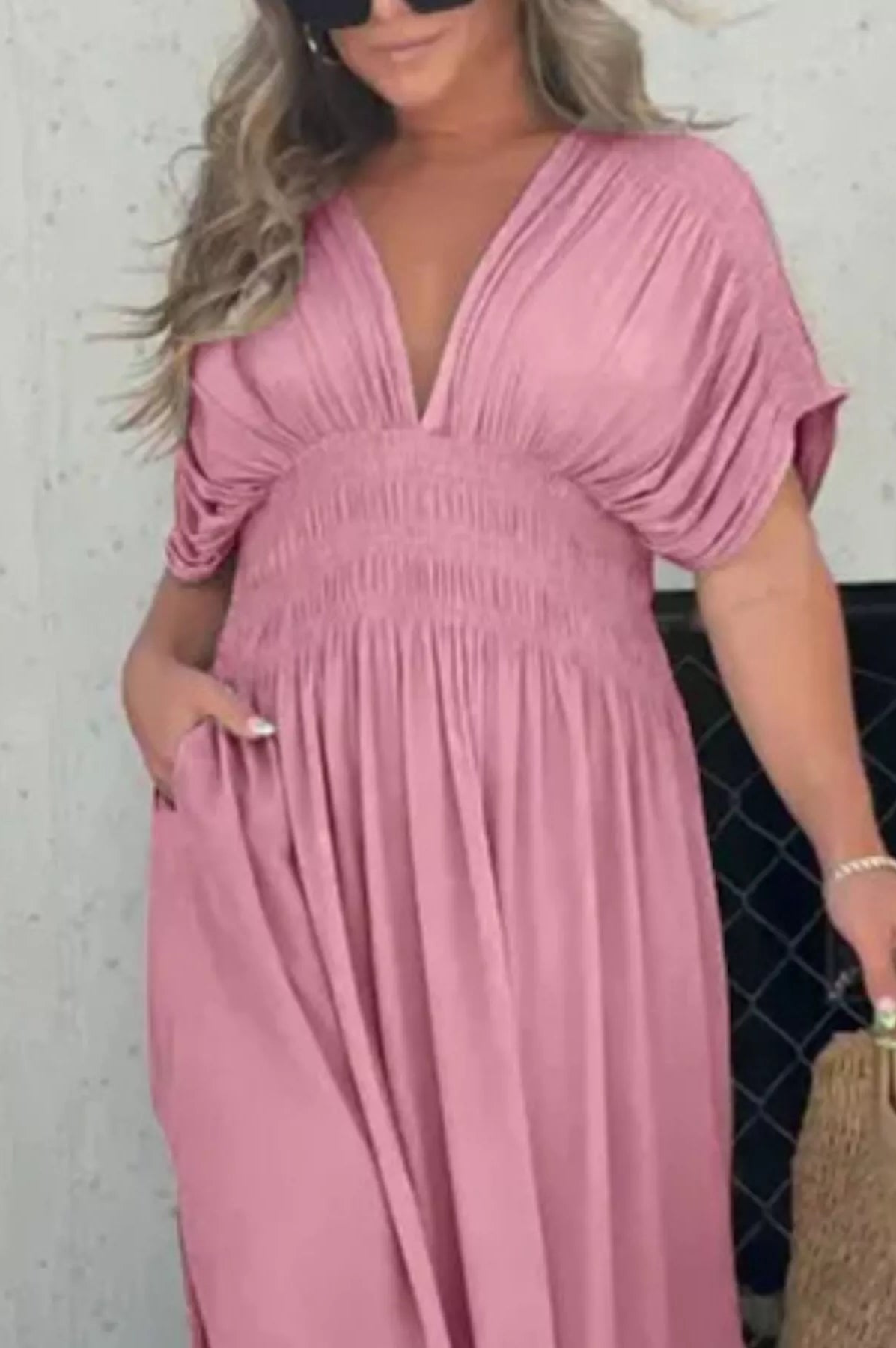 Full Size Slit V-Neck Smocked Waist Maxi Dress Plus Size-Stay Foxy Boutique, Florissant, Missouri