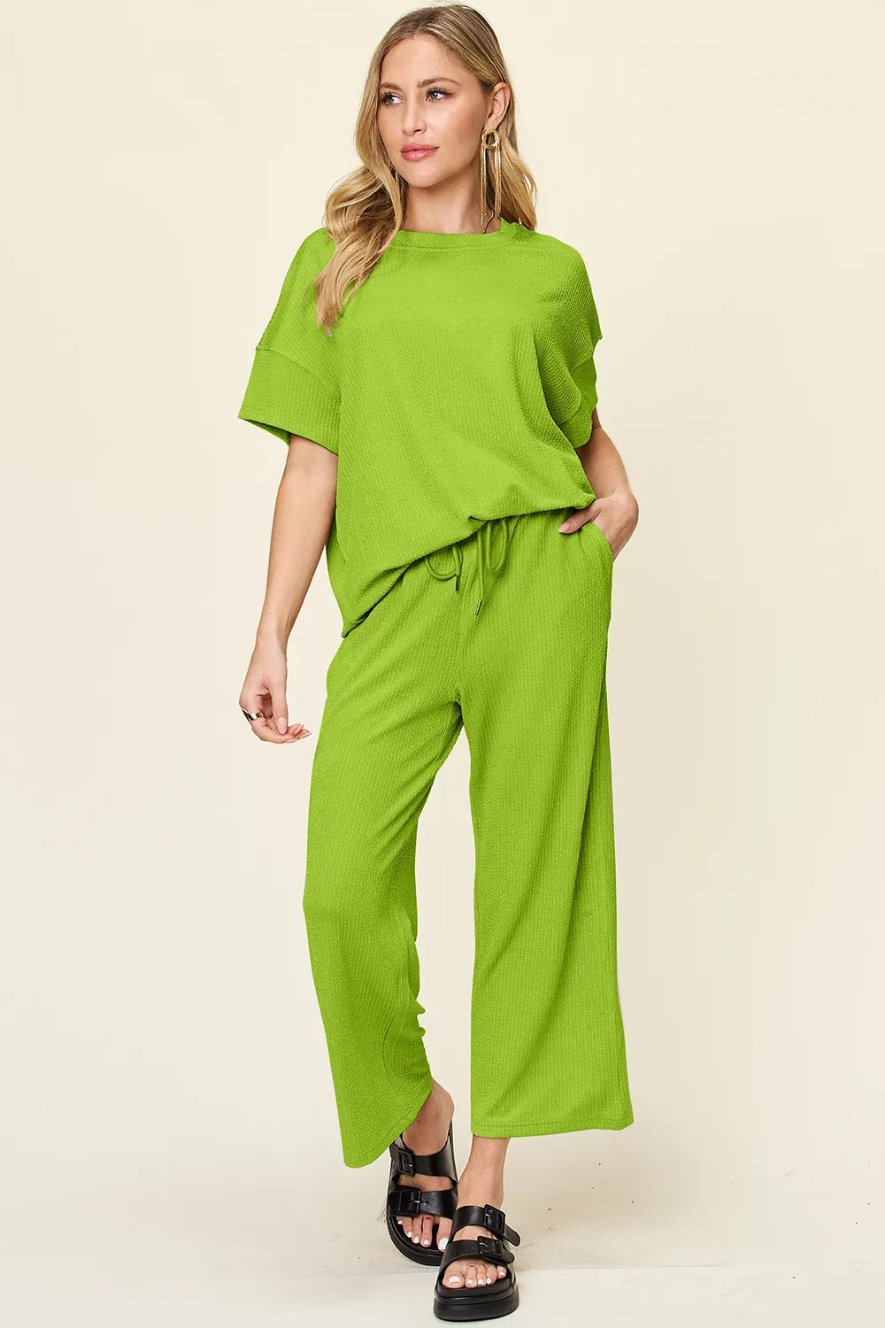 Double Take Full Size Texture Round Neck Short Sleeve T-Shirt and Wide Leg Pants-Stay Foxy Boutique, Florissant, Missouri