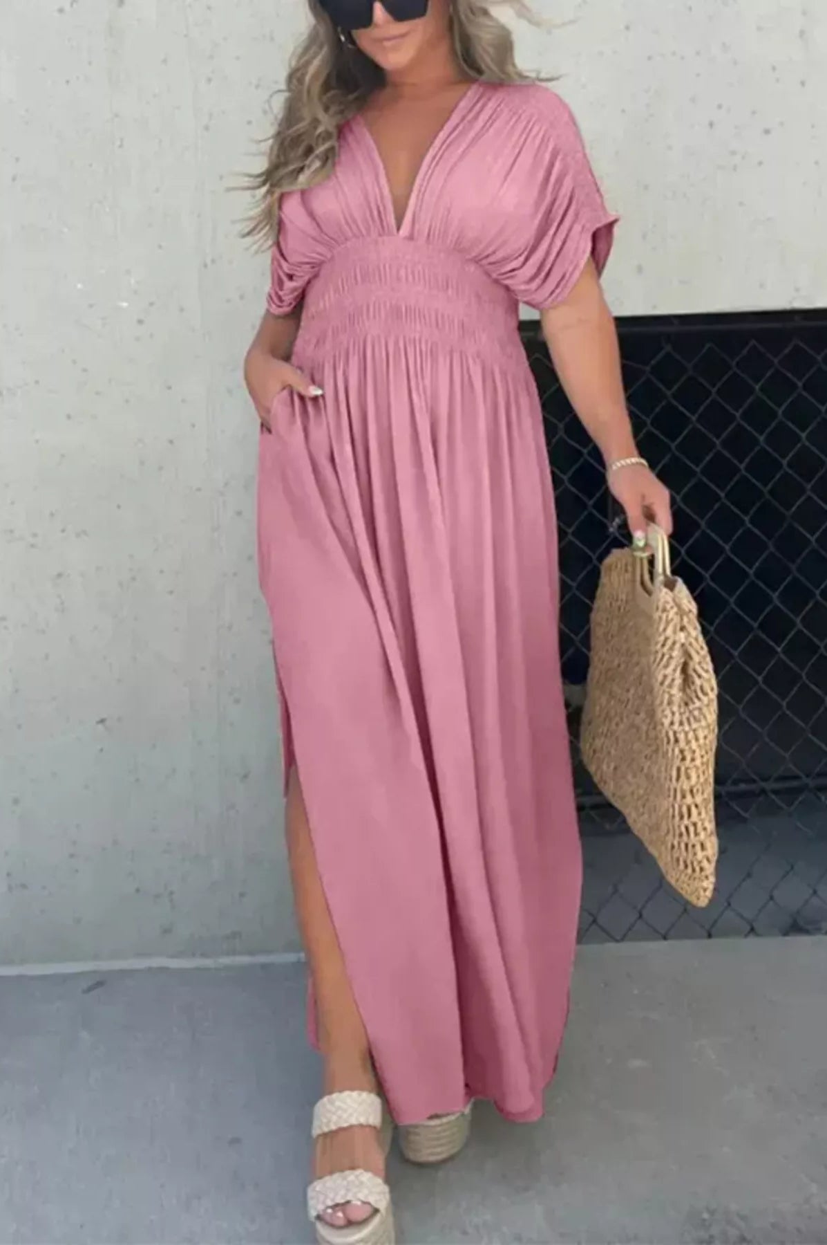 Full Size Slit V-Neck Smocked Waist Maxi Dress Plus Size-Stay Foxy Boutique, Florissant, Missouri