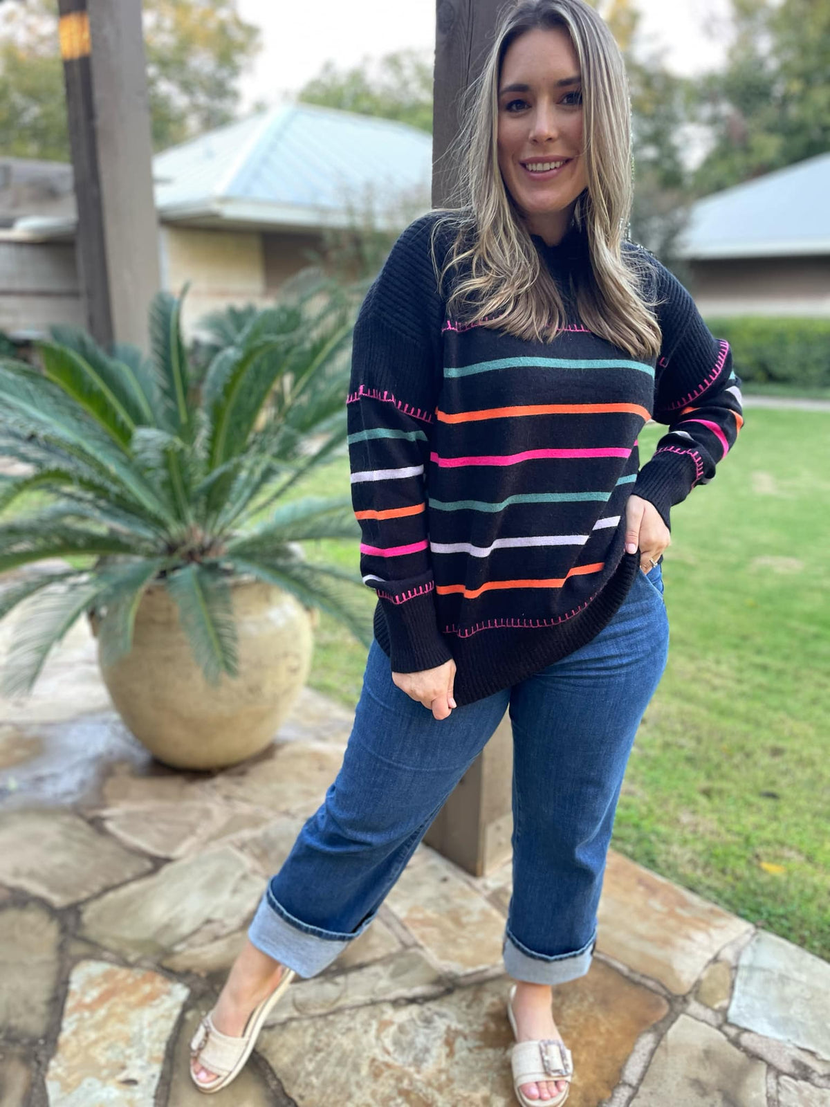 Come On Get Happy Striped Sweater in Two Colors-Womens-Stay Foxy Boutique, Florissant, Missouri