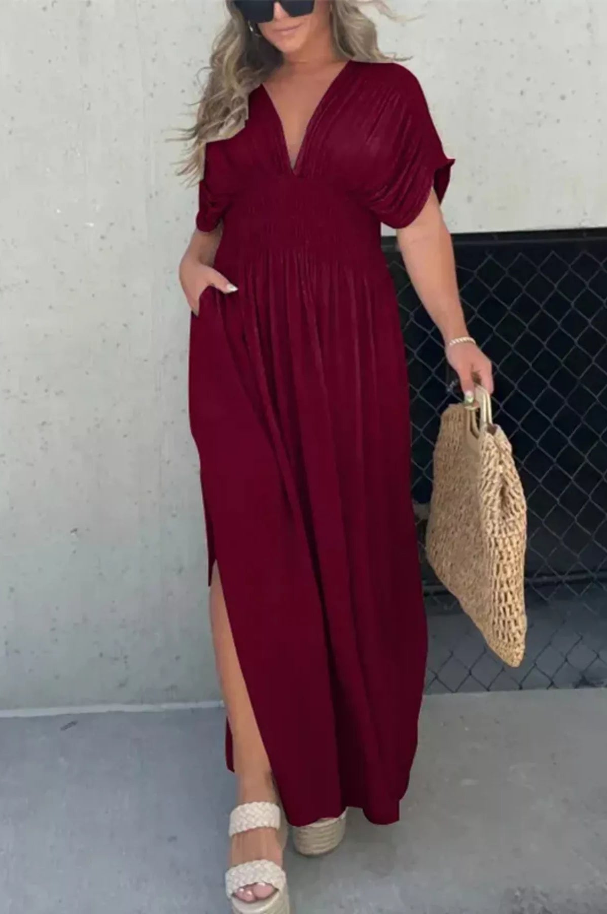 Full Size Slit V-Neck Smocked Waist Maxi Dress Plus Size-Stay Foxy Boutique, Florissant, Missouri