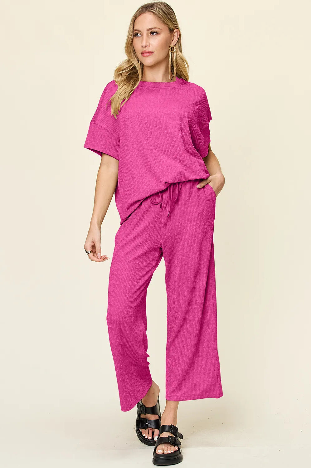 Double Take Full Size Texture Round Neck Short Sleeve T-Shirt and Wide Leg Pants-Stay Foxy Boutique, Florissant, Missouri